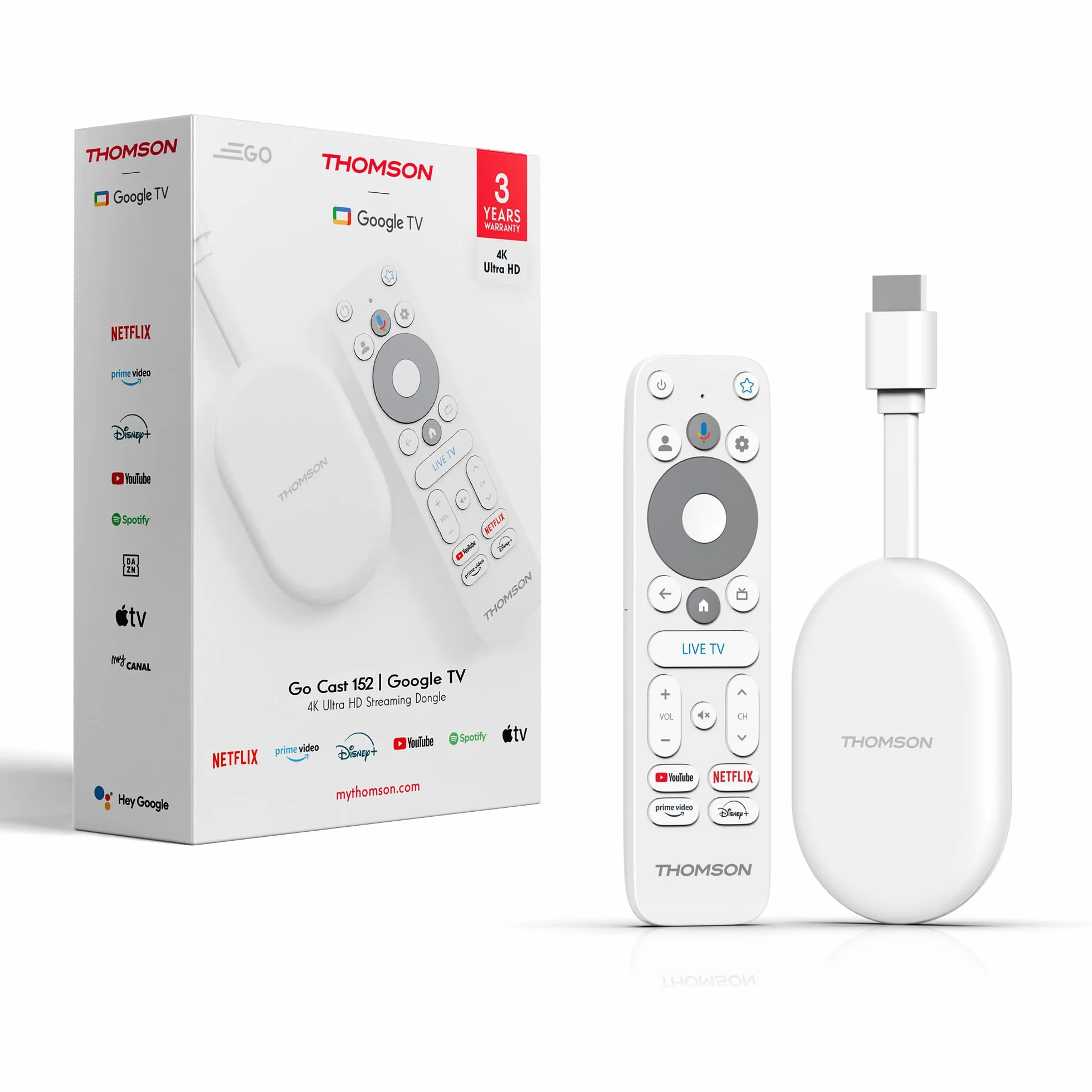 Thomson Go Cast 152 Dongle de Streaming, 4K UHD Google TV, Commande Vocale, Google Cast, Dolby Atmos, Dolby Digital+, HDR10, Portable, 2 Go RAM, 32 Go Stockage – Blanc