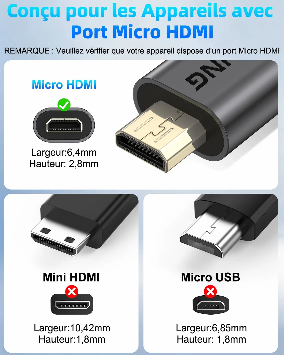 Câble Micro HDMI vers HDMI, 0.3m pour Streaming et Gaming, Câble Micro HDMI 2.0 avec 4K@60Hz, HDR, ARC et Dolby 3D Full HD, pour Moniteur, Caméras et Raspberry Pi 5/4