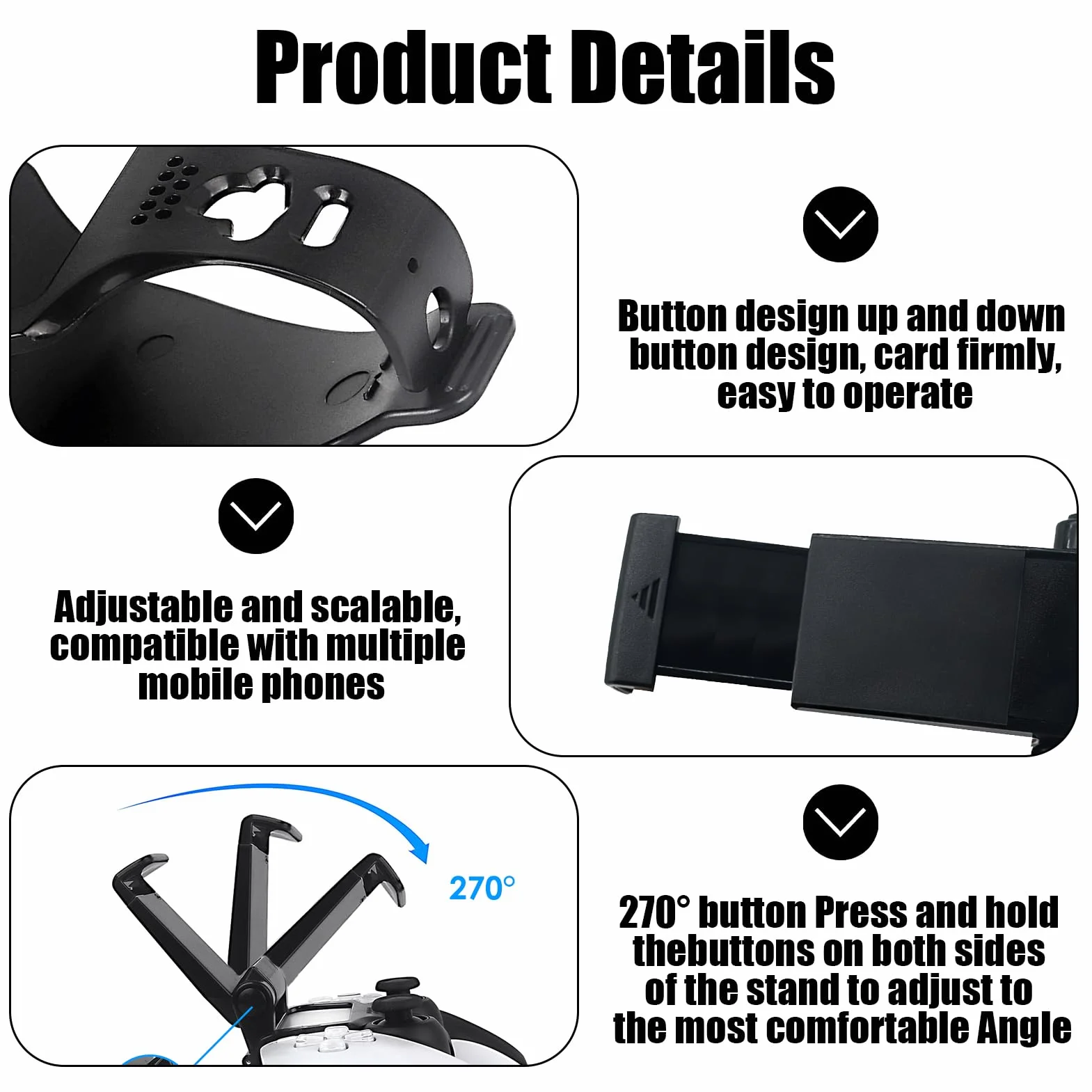 Support Téléphone Portable Manette Pliable, Support Clip pour PlayStation 5 DualSense Controller, Clip Pliable Angle Vue Ajustable, Compatible avec Smartphones- Noir(Manette Non Incluse)