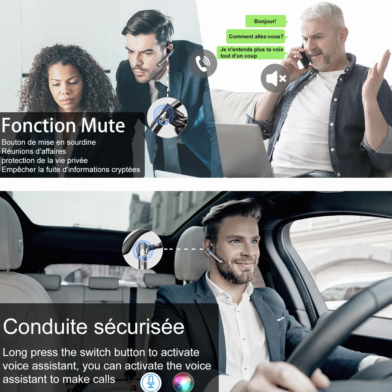 Oreillette Bluetooth sans Fil Kit Main Libre Avec double microphone pour l'annulation du bruit 64 Heures de Conversation en HD boîtier chargement LED CVC8.0 iPhone/Android