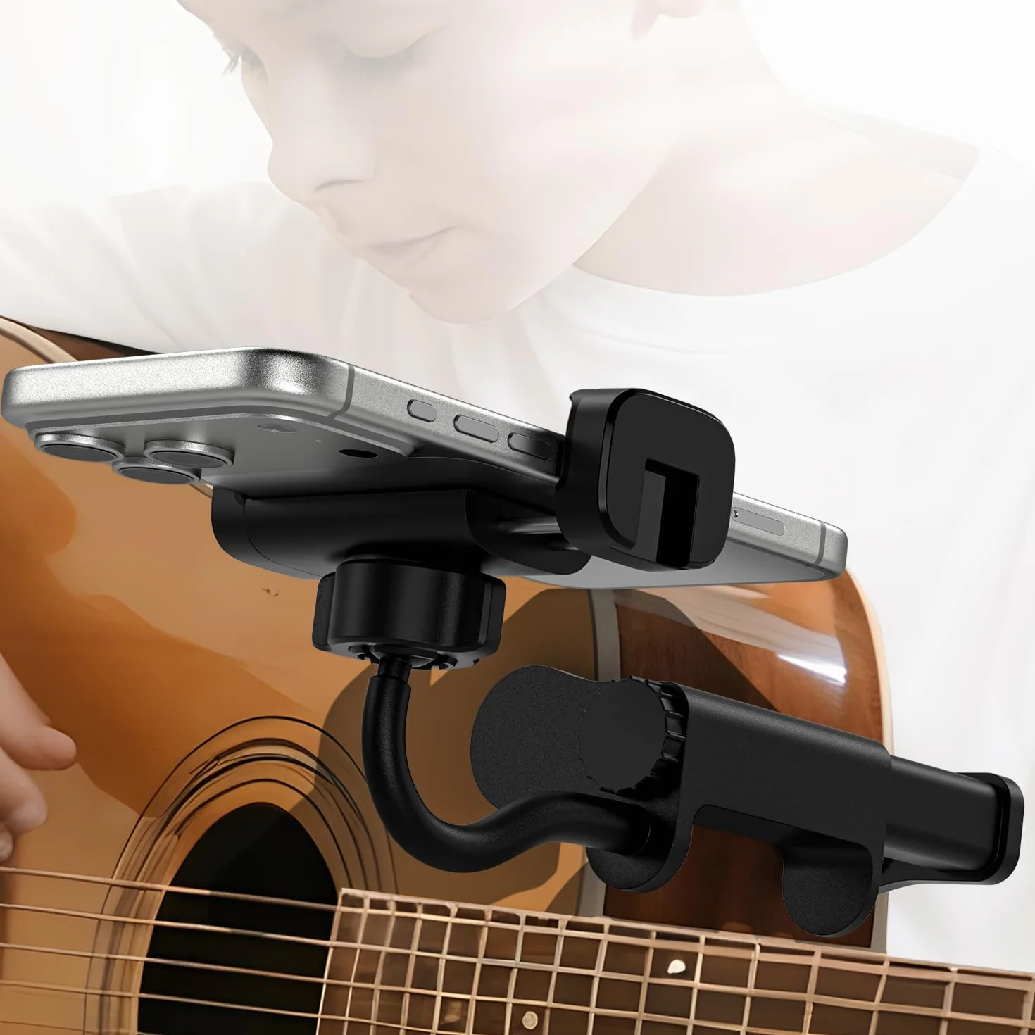 Support de Téléphone pour Guitare- Support Universel pour Smartphone pour Guitare, Basse, Ukulélé, Rotatif à 360° et Réglable, Idéal pour La Diffusion en Direct et l'enseignement en Ligne