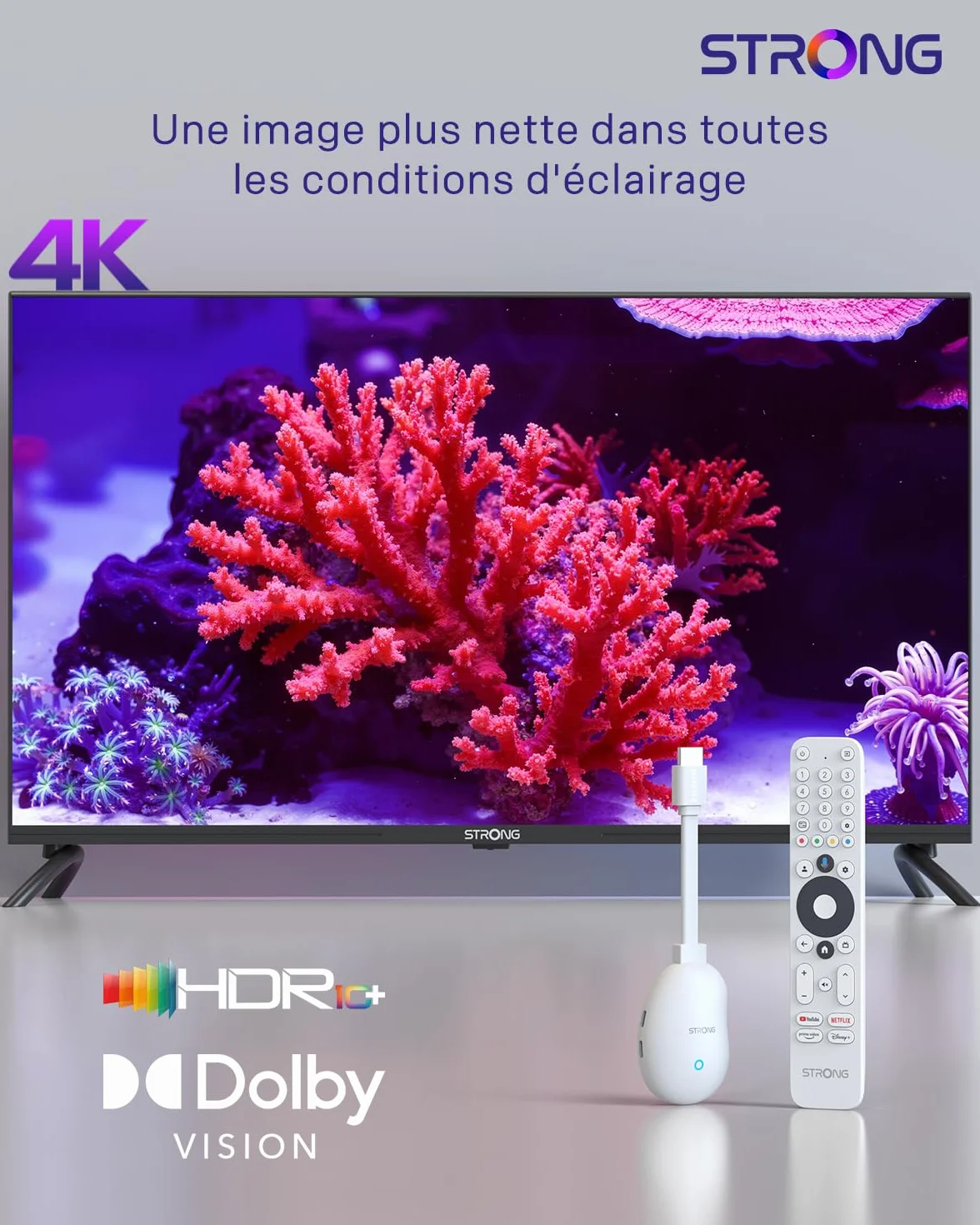 STRONG Leap-Neve 4K UHD Streaming Stick, Dolby Vision et Audio, HDR10+, 2 Go De RAM + 8 Go De Stockage Flash, WiFi 6, Android 12, Port Ethernet, HDMI 2.1 - Blanc