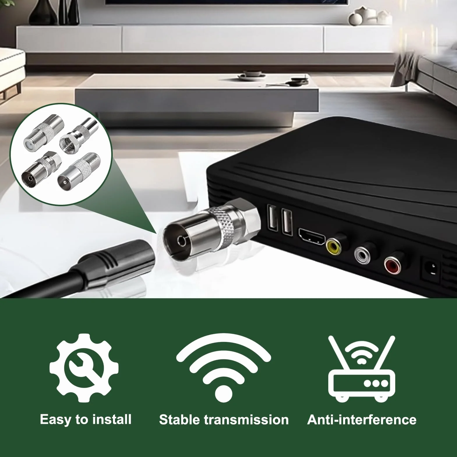 4 Pièces Adaptateur d’Antenne TV F Mâle vers Femelle, Adaptateur Coaxial TV, Connecteur Coaxial RF Nickelé pour Câble Satellite TNT Modem Routeur Récepteur, Raccord Antenne Murale Audio Vidéo