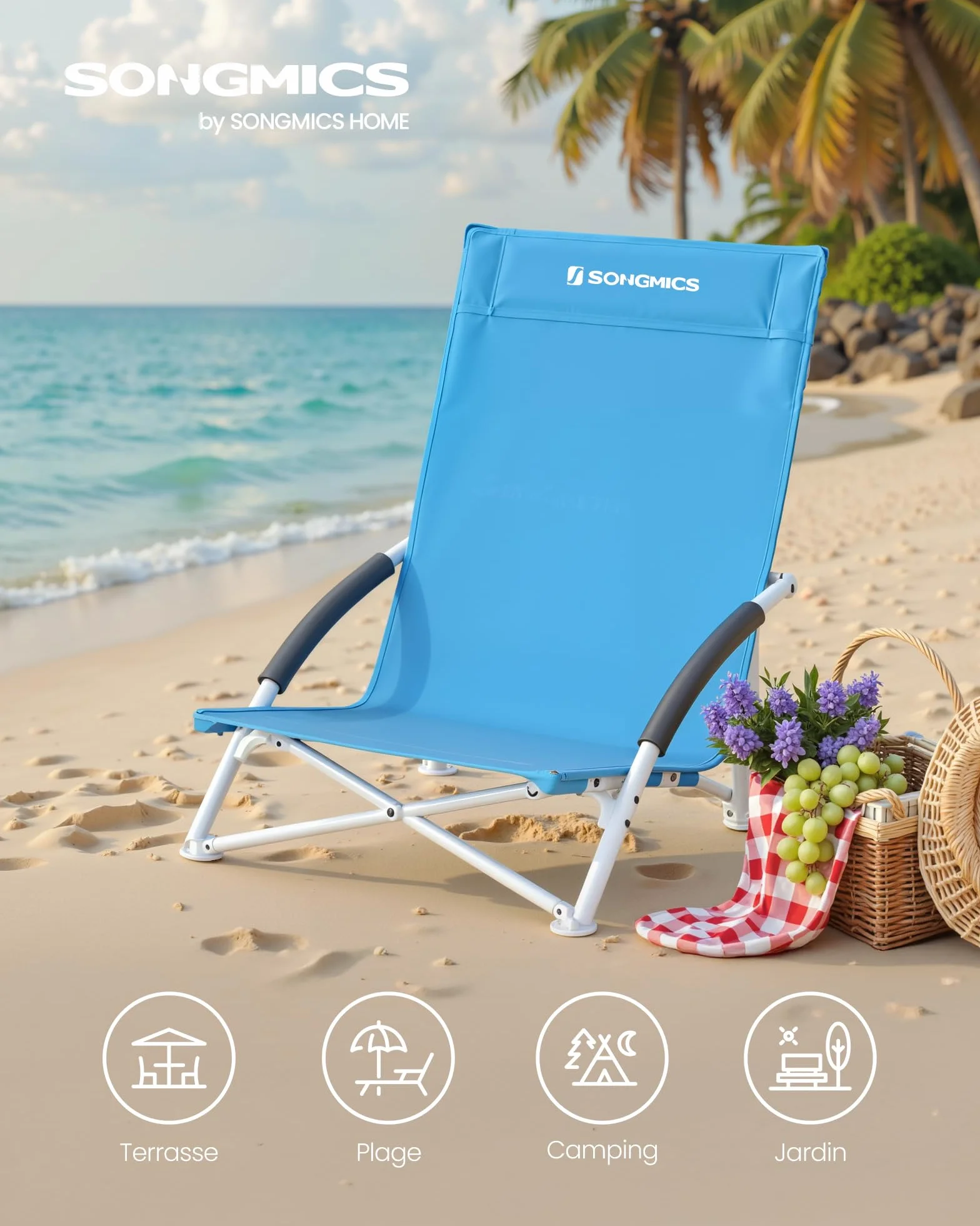 SONGMICS Chaise de Plage Pliante Portable Dossier Haut Grande Capacité de Charge Bleu Clair GCB61BU