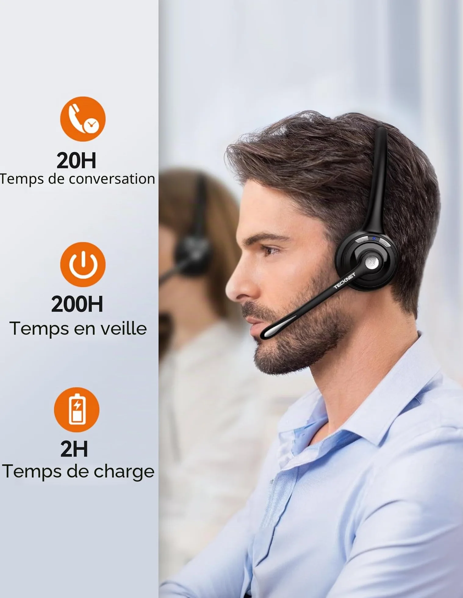 TECKNET Casque Bluetooth sans Fil avec Microphone Antibruit Mains Libres