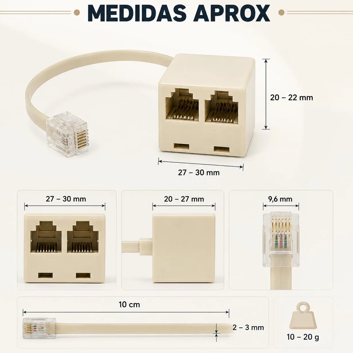 CABLEPELADO Répartiteur de téléphone 6P4C RJ11 mâle vers double RJ11 | Adaptateur avec câble - Beige
