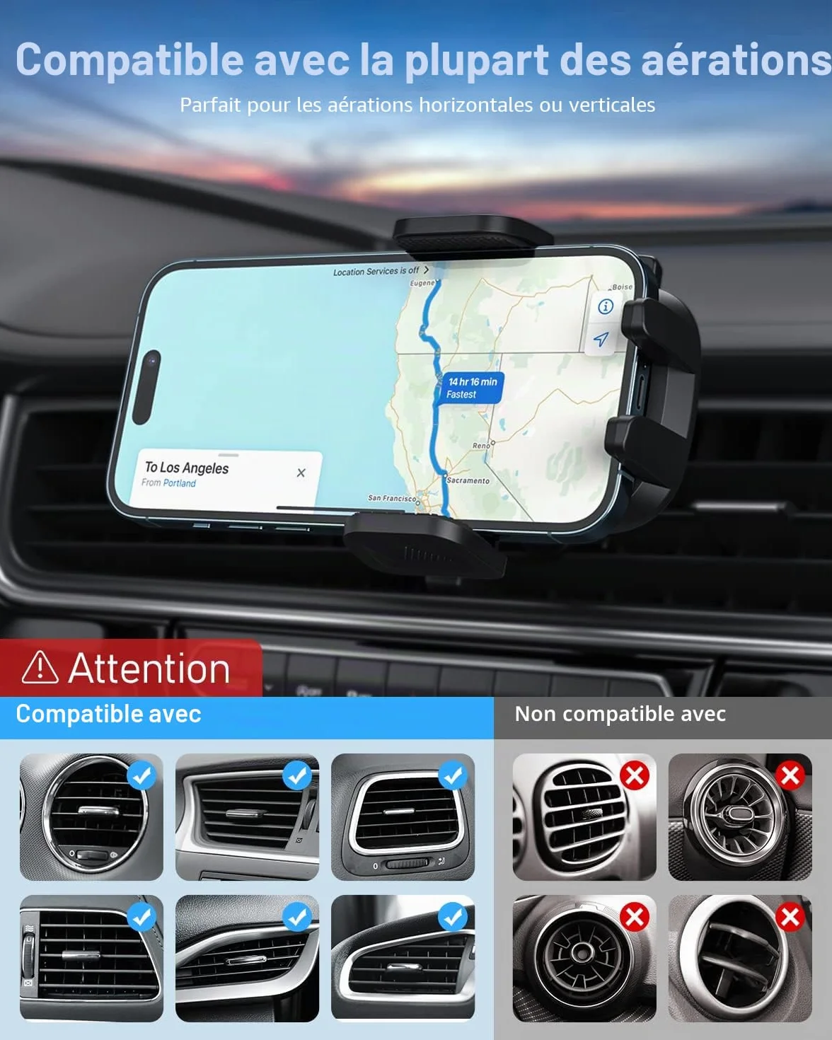 Support Téléphone Voiture [Clip de Qualité Militaire] pour Smartphone 4-7", Accroche Téléphone Rotatif à 360° – Compatible iPhone 16/15/14/13 Pro Max, Samsung/Xiaomi/Huawei