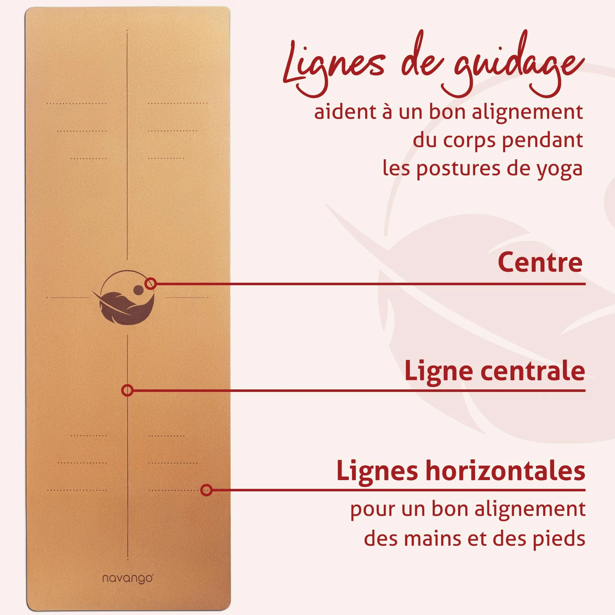 Tapis de Yoga en Liège Naturel Antidérapant 183x61cm 4mm avec Sangle de Transport Lignes d’Alignement