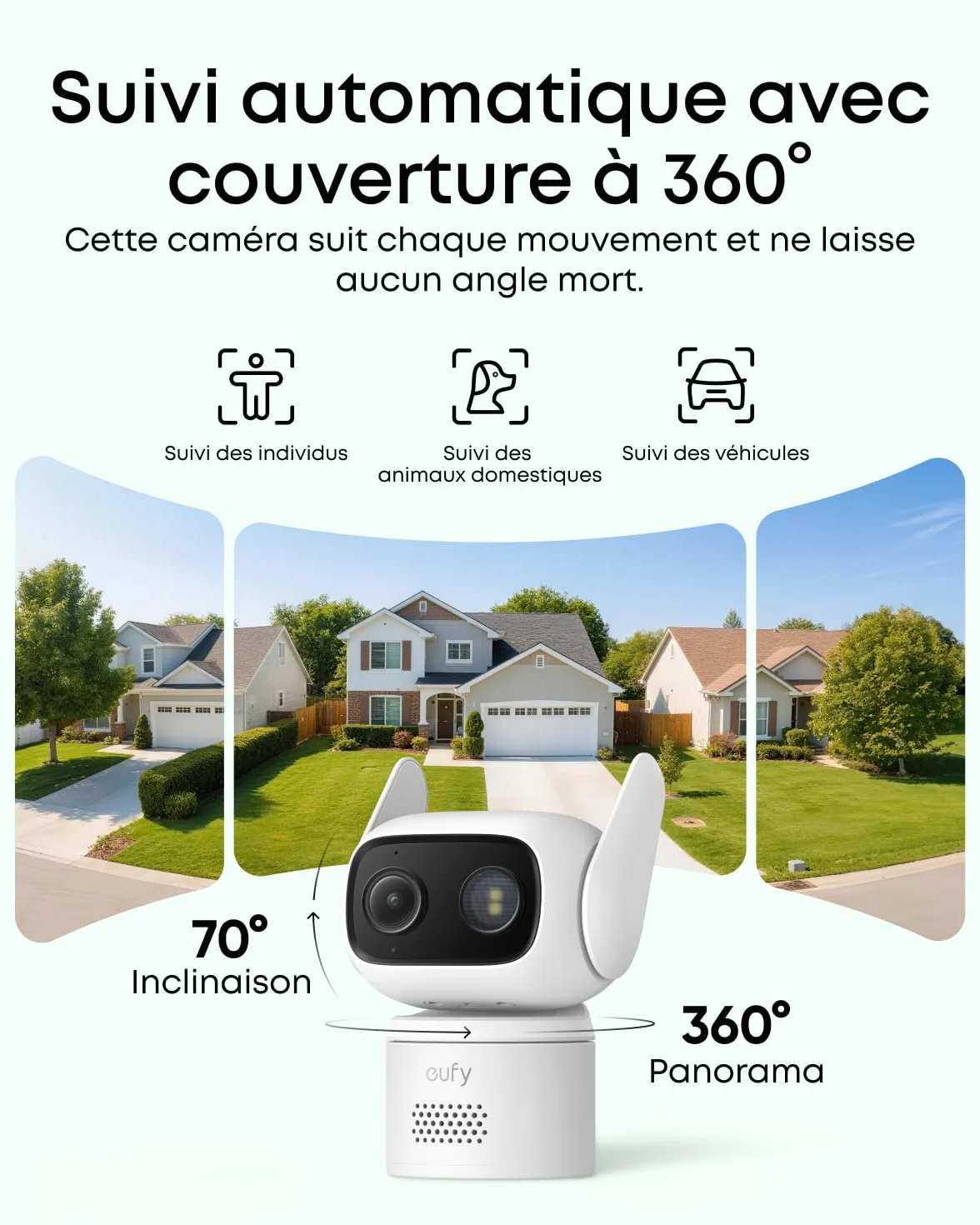 Caméra Filaire eufy C31, caméra extérieure et intérieure 360°, Panorama et Inclinaison, Double antenne, Vision Nocturne Couleur, Stockage Local, sans abonnement, détection IA, Enregistrement continu
