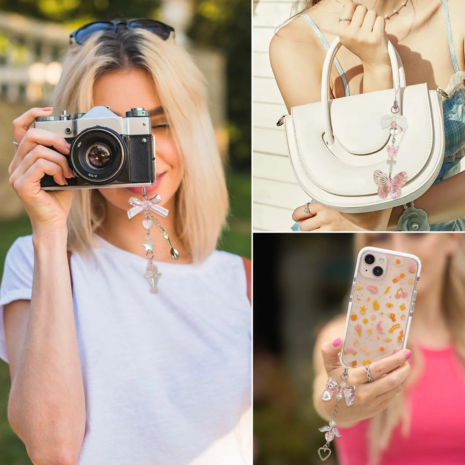 Pendentifs Y2K pour Téléphone Portable 6 Pcs, Kawaii Noeud Papillon Chaîne Anti-Perte