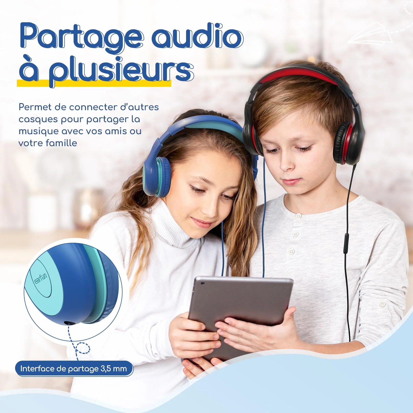 EarFun Casque Audio Enfant Filaire, Limiteur de Volume 85dB, Partage Audio, Pliable et Réglable, Confortable, Jack 3,5 mm, Casque Enfants pour École/Voyage/Téléphone, Bleu-Vert