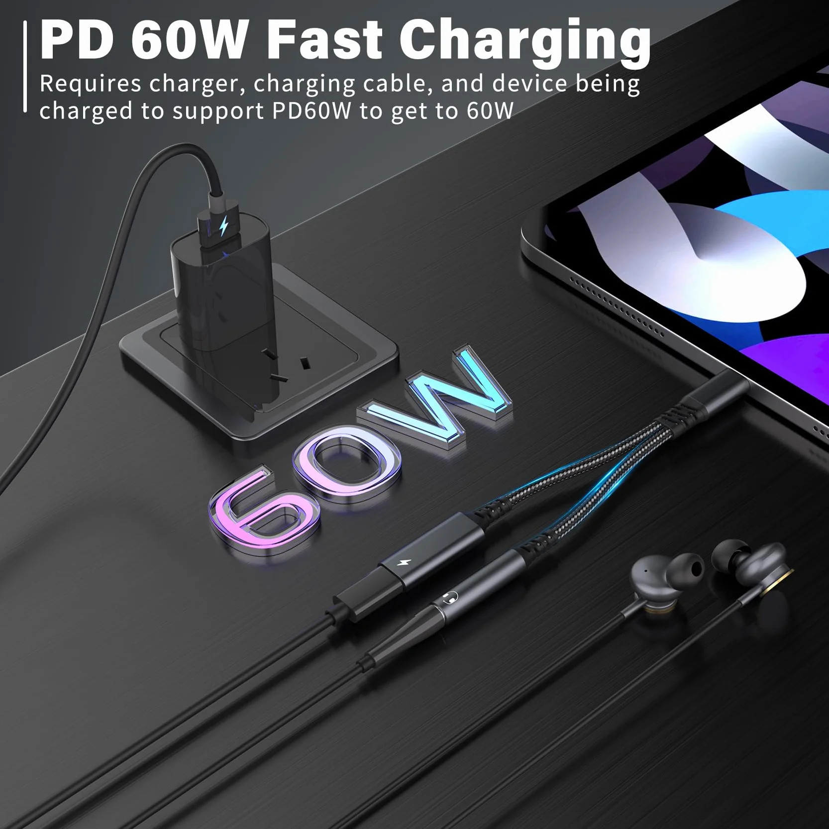 Adaptateur USB C vers Jack 3.5mm 2 en 1 Charge Rapide PD 60W Compatible iPhone 15 Pro Max Samsung S24 S23 Huawei