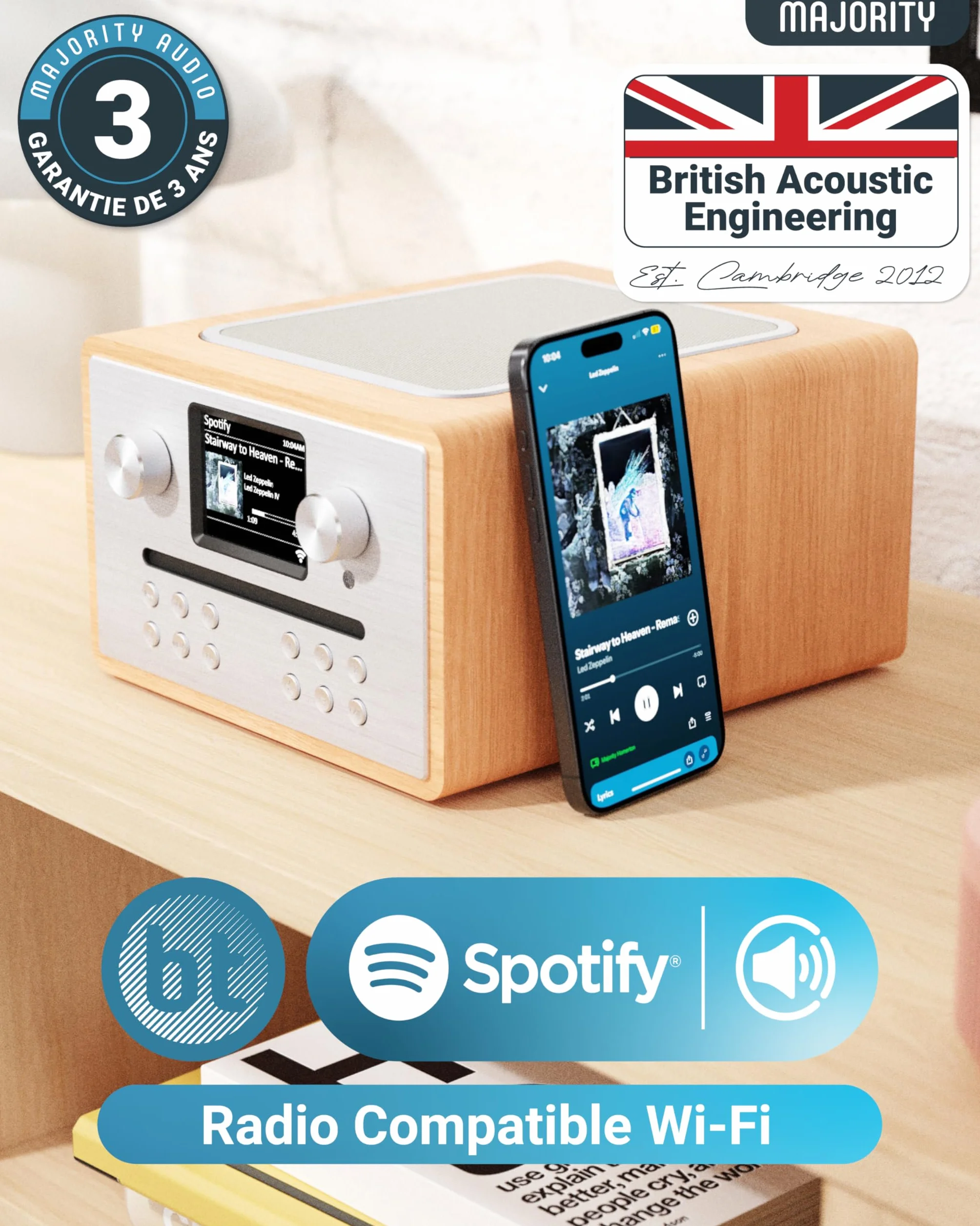 Majority Homerton Radio Dab Plus avec Lecteur CD Bluetooth Poste Radio Internet WiFi Ampli Tuner CD Spotify Connect Écran LED Couleur Télécommande Chêne