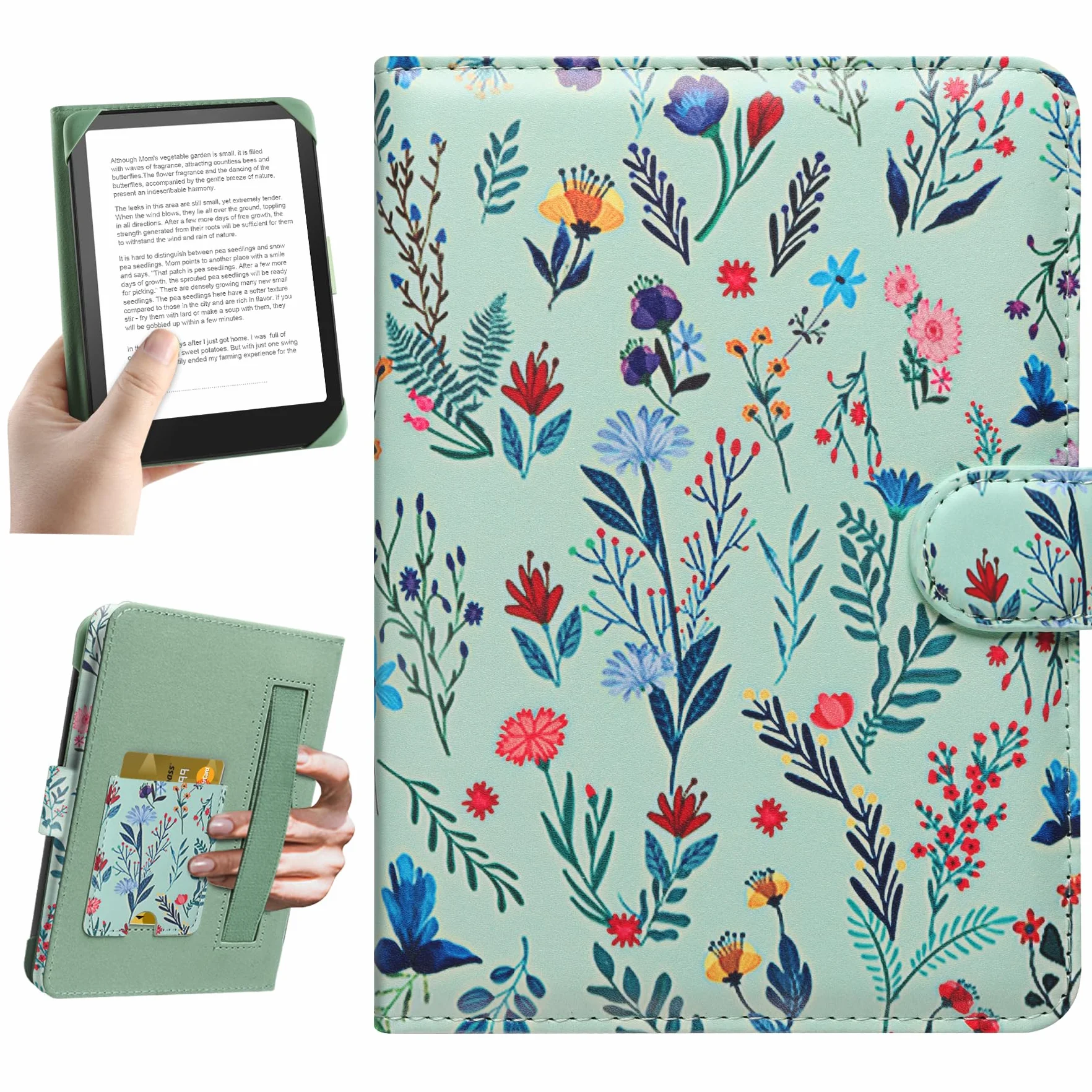 HoYiXi Universel Étui pour 6" Paperwhite /6" Kindle 2025 & 2019 Compatibilité Kobo/Voyaga/Pocketbook/Tolino eReader,Étui de Protection pour eReader 6 Pouce avec Porte-Cartes Intégré,Fleur 1