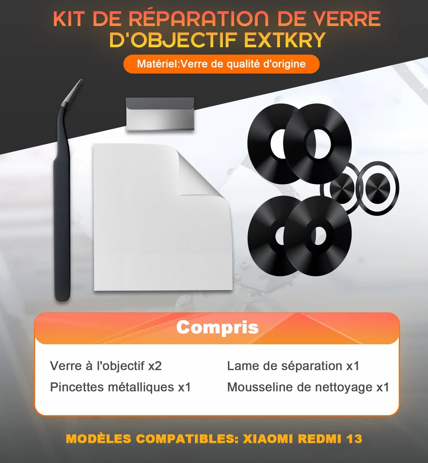 2 Packs Lentille Caméra pour Xiaomi Redmi 13 2404ARN45A/24040RN64Y Origine Remplacement Vitre Appareil Photo Objectif Arrière + Kit de Réparation