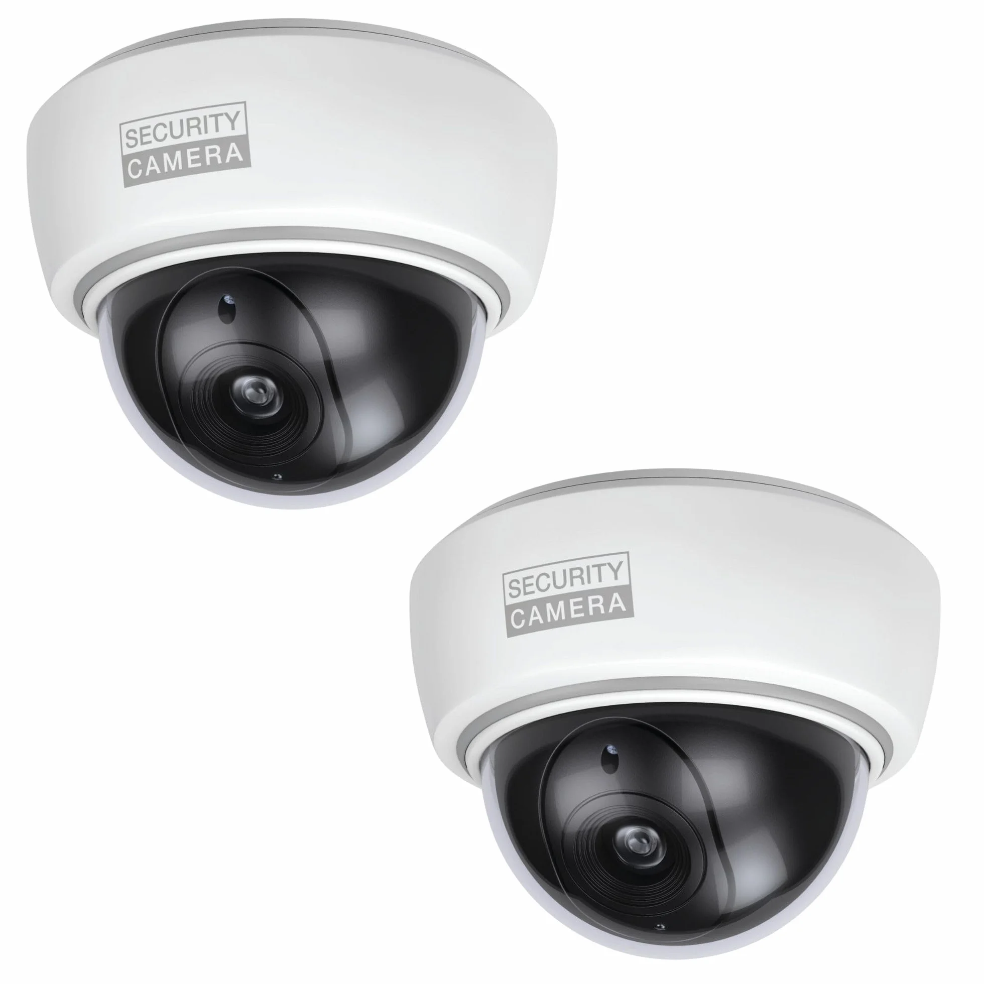 BASI | Lot de 2 caméras dôme factice avec lumière LED clignotante | Caméra factice | Caméra de surveillance pour l'intérieur et l'extérieur protégé | Montage mural au plafond | Blanc | CCTV