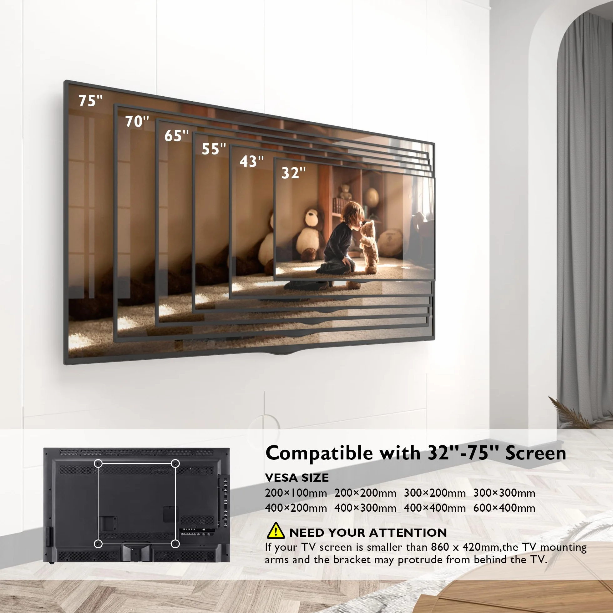 BONTEC Support Mural TV à Extra Longue Portée 1040 mm pour Écrans Plats/Incurvés LCD/LED/OLED de 32 à 75 Pouces jusqu'à 60 kg, Support TV Mural Pivotant, Inclinable et Rotatif, Max VESA 600x400 mm
