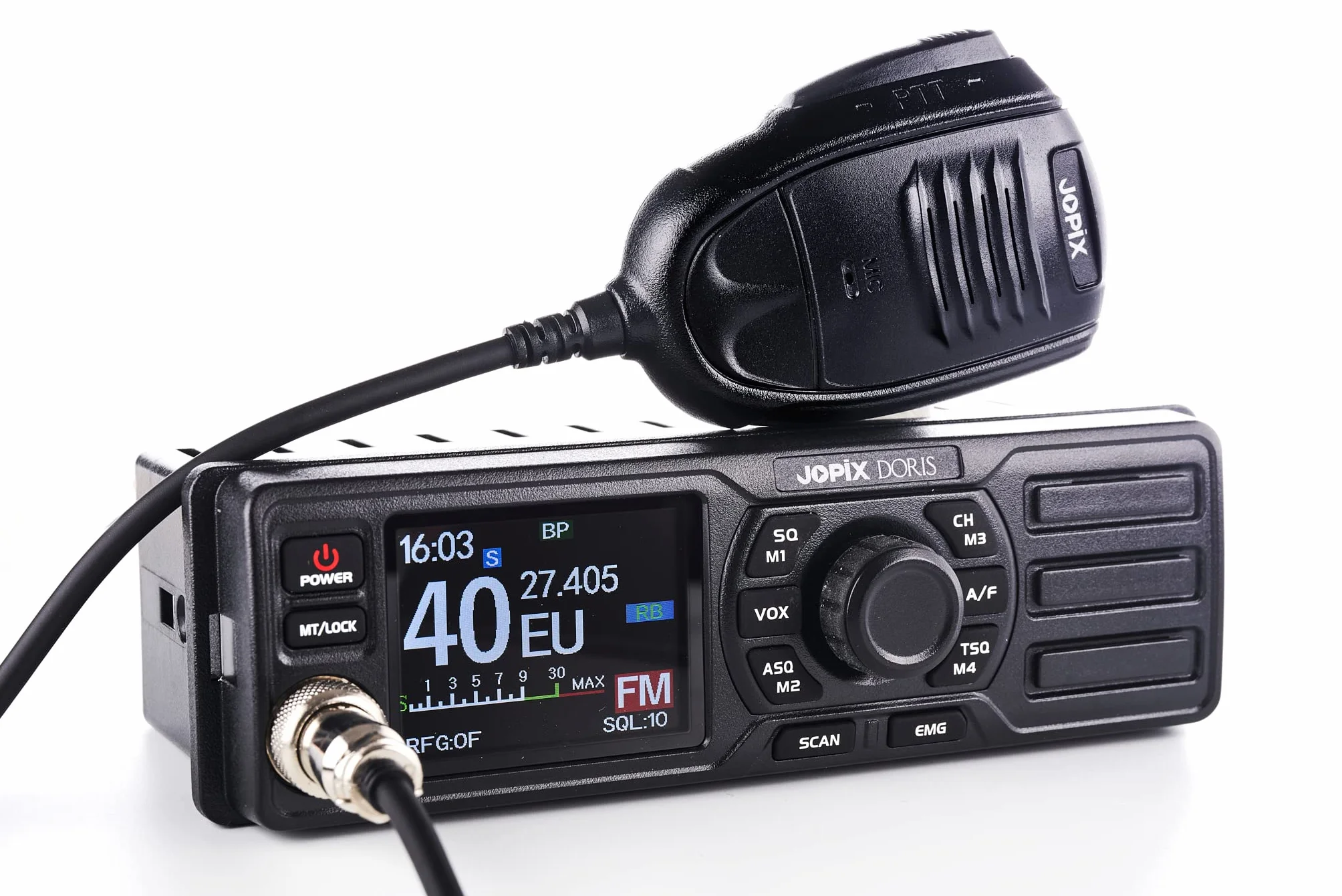 Jopix Doris Émetteur-Récepteur CB 27 MHz Multinorme AM/FM – Haut-Parleur Frontal, Écran Couleur, 12V/24V, Format Ultra-Compact (6cm Profondeur), Mains Libres VOX