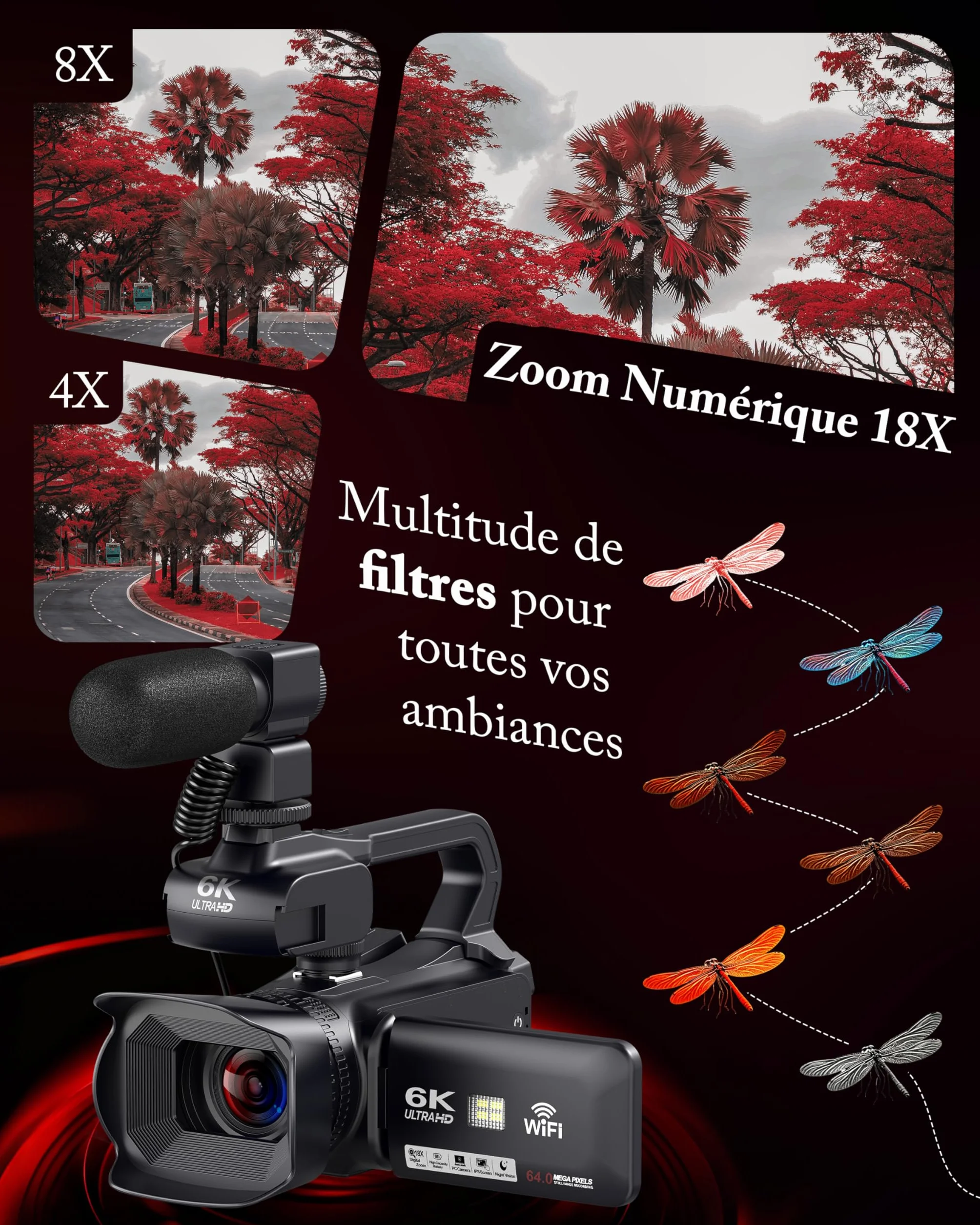 Caméscope 6K 64MP WiFi Vision Nocturne Infrarouge 18X Zoom Numérique avec Pile 4500mAh, Carte SD 64 Go