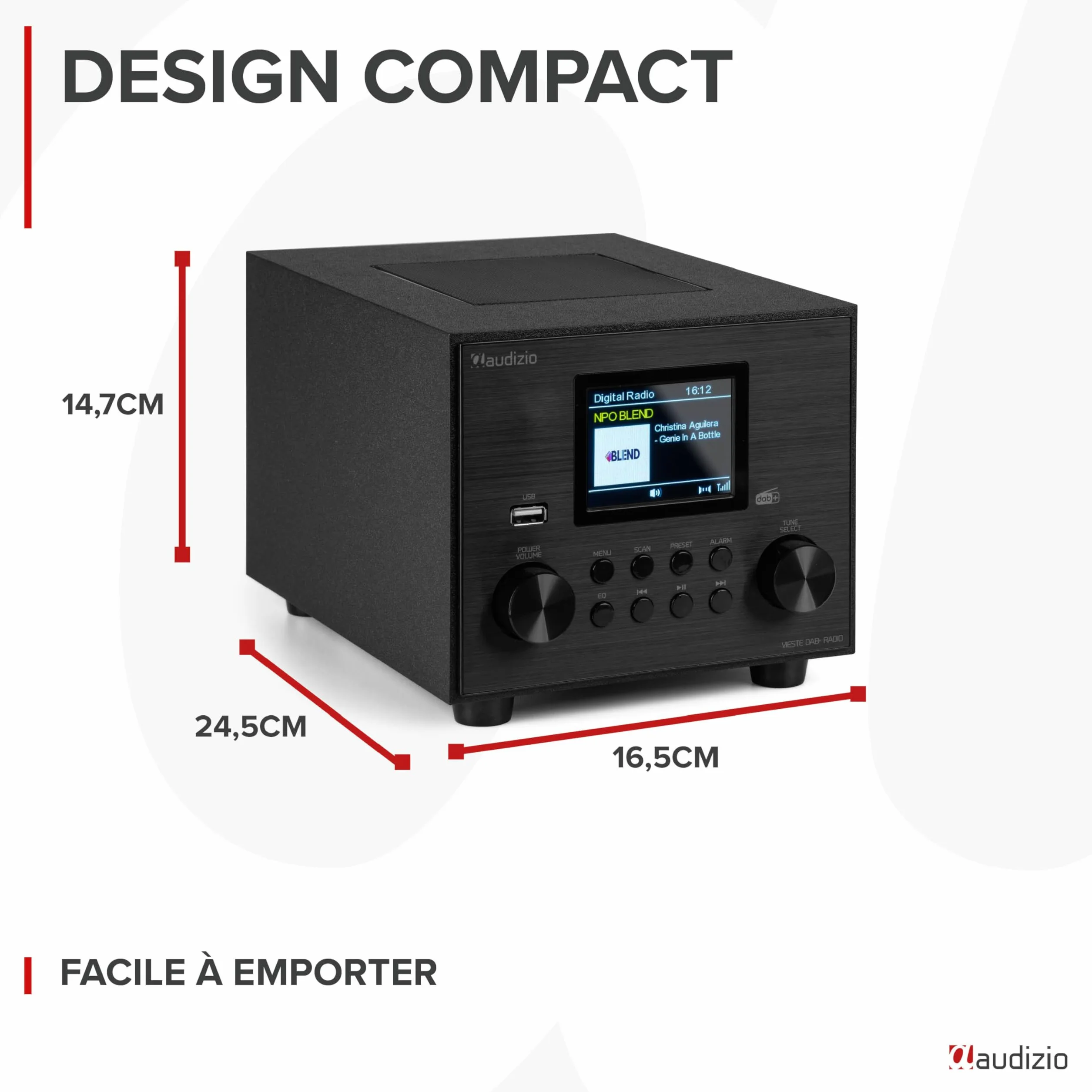Audizio Vieste Radio Dab+ FM Bluetooth 5.0 - Noire, Subwoofer Intégré, Écran Couleur 2,8", Port USB, Sortie Casque, Télécommande Incluse, Idéale pour Écouter la Radio à la Maison