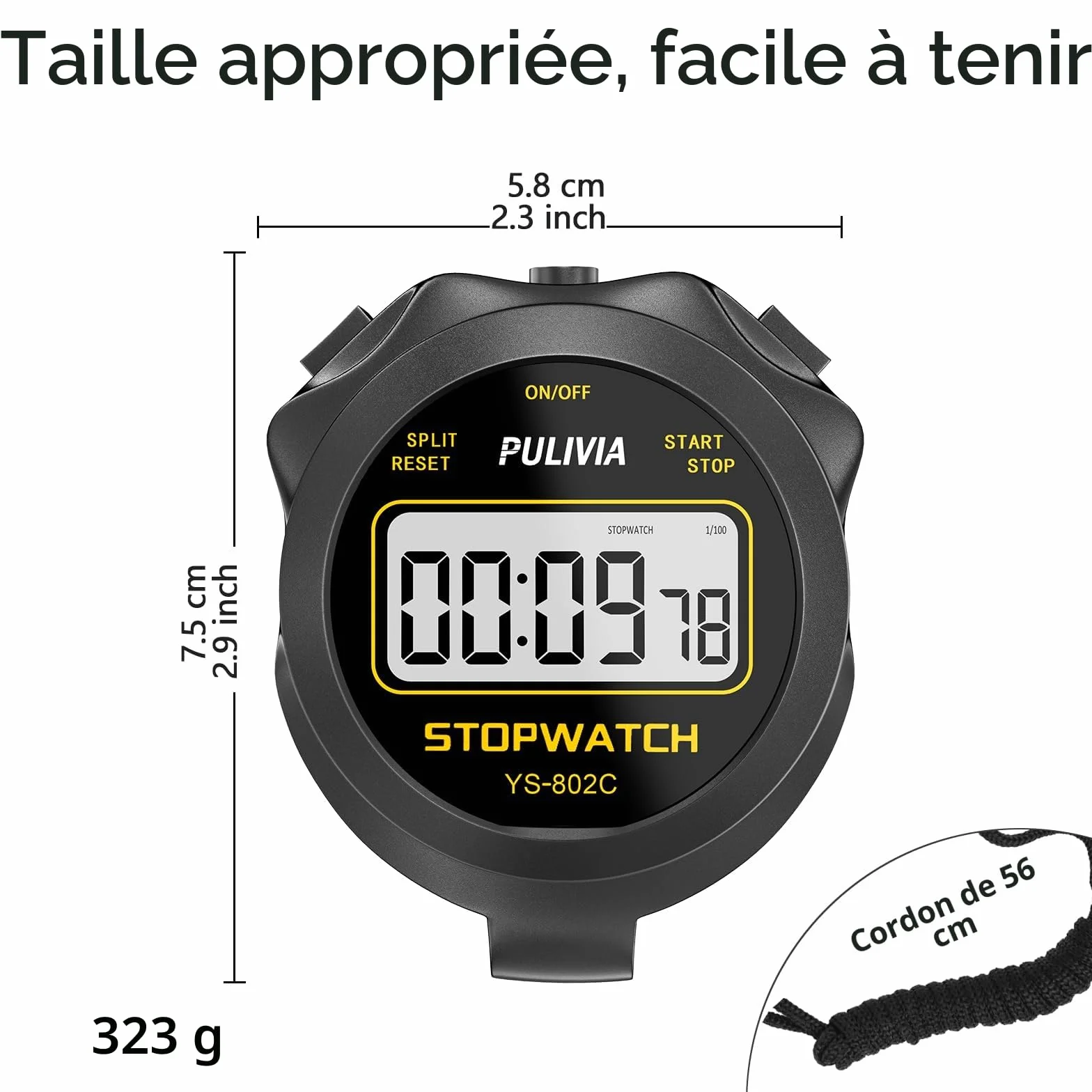 Chronometre Sport Numerique Noir avec Bouton Marche/Arret et Fonction Silencieux
