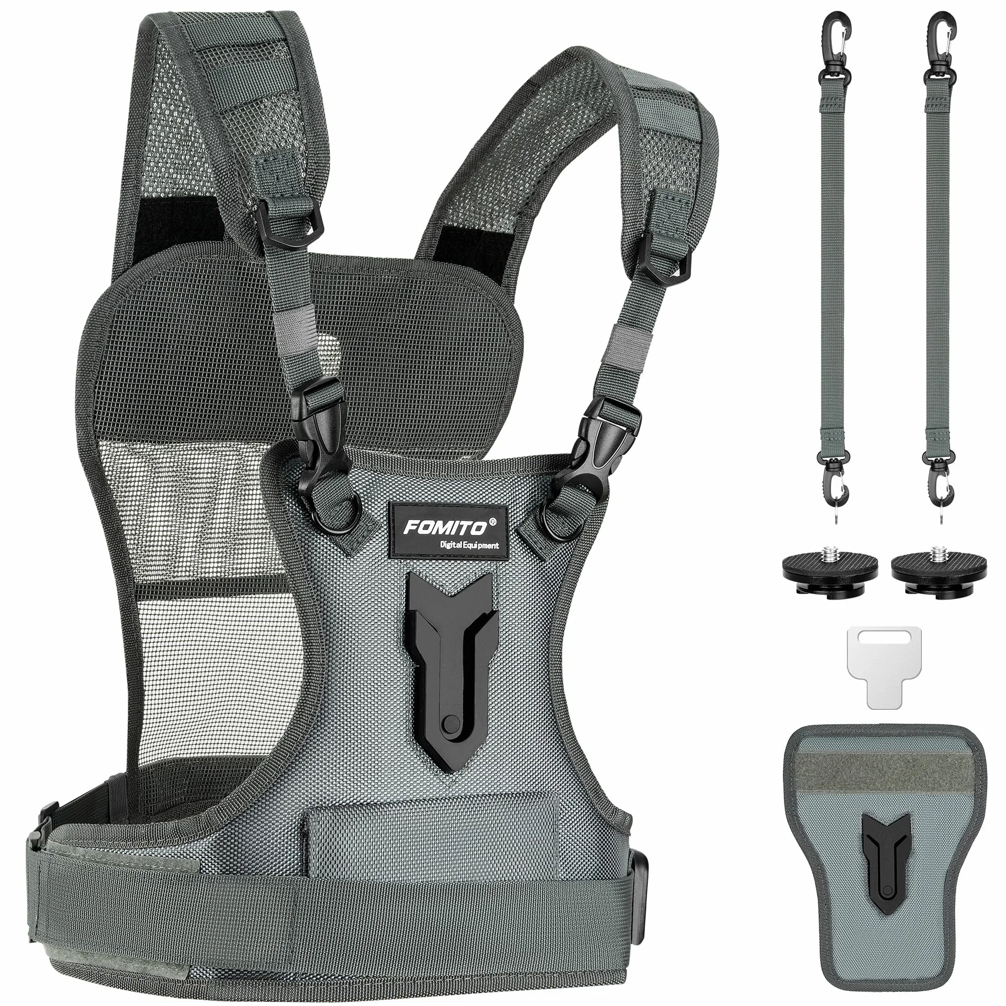 FOMITO Camera Chest Harness System Gilet de transport multi-appareil photo avec étui latéral Gris Compatible avec Canon Nikon Sony Panasonic Olympus DSLR