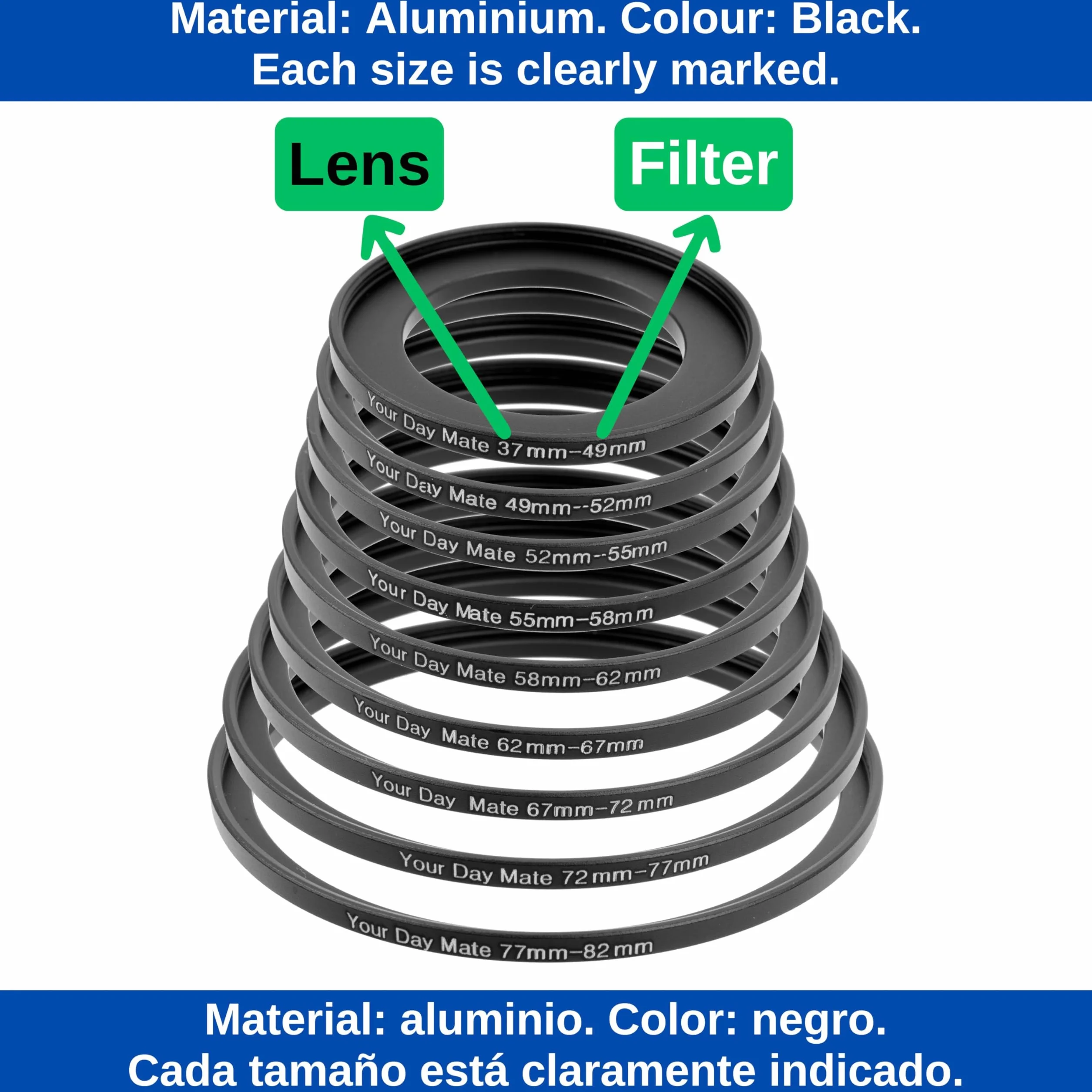 Step-Up Ring Aluminium 62-67mm Compatible Canon Sony Nikon Fujifilm