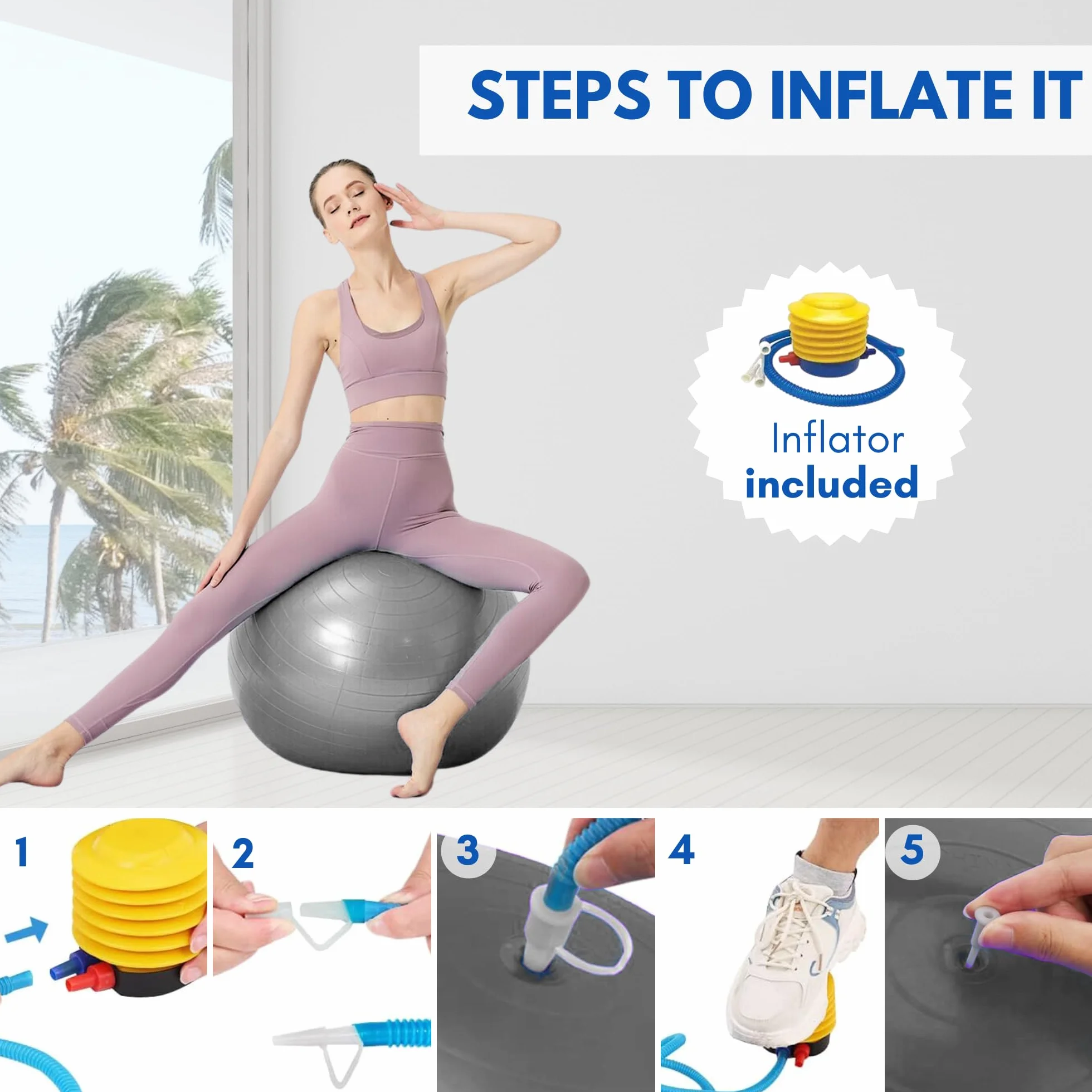 Ballon de Yoga 55 cm PVC Antidérapant Fitball avec Gonfleur