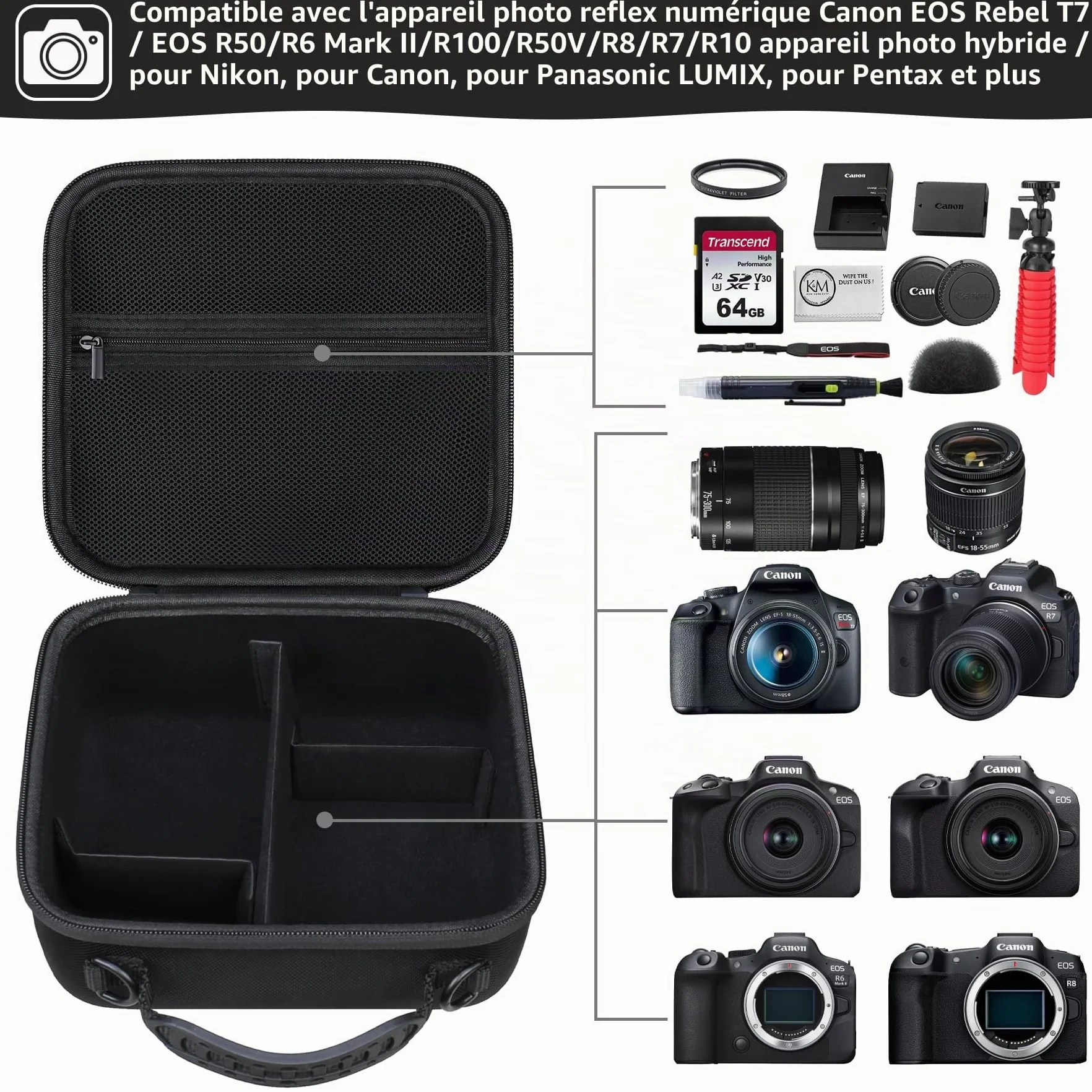 Étui de Voyage Dur pour Canon EOS 2000D / 4000D / R50 / R6 Mark II / R100 / R50V / R8 / R7 / R10 Noir
