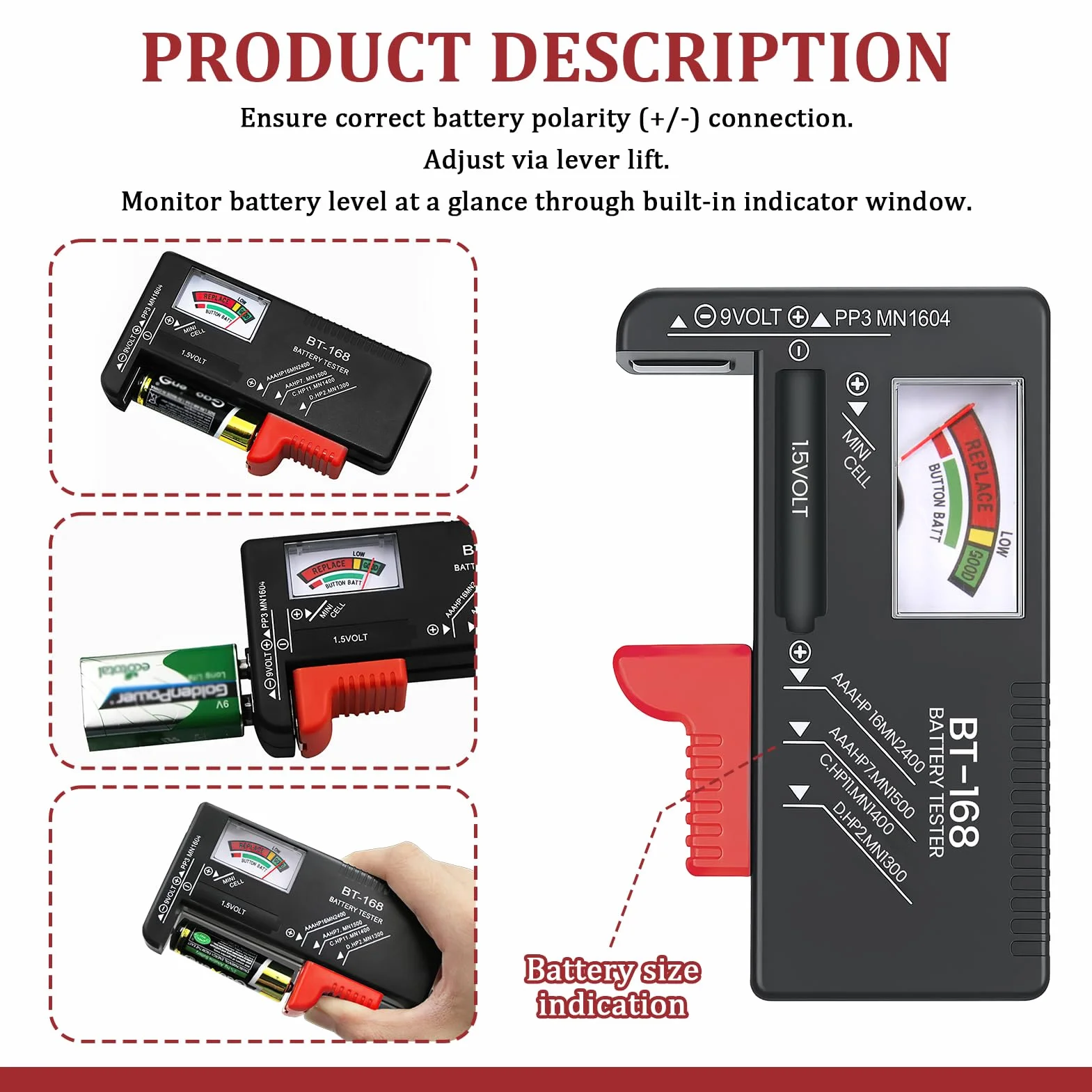 Testeur de Piles Universel, Testeur de Numérique Pointeur Piles pour AA AAA C D 9V 1.5V Batterie Bouton Vcontrôleur de Tension de Batterie Fonctionne Sans Pile Précis et Portable (Modèle: BT-168)