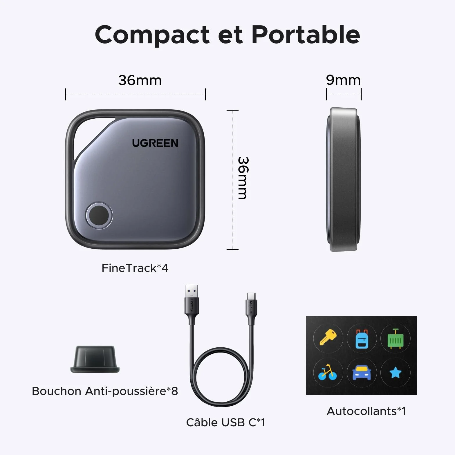 UGREEN FineTrack Tag Traceur Fonctionne avec Find My (iOS Uniquement) Chargement USB C Localisateur d'Objets Bluetooth pour Clés Valises Portefeuilles Wallet Bagages Sacs avec Câble USB C Lot de 4