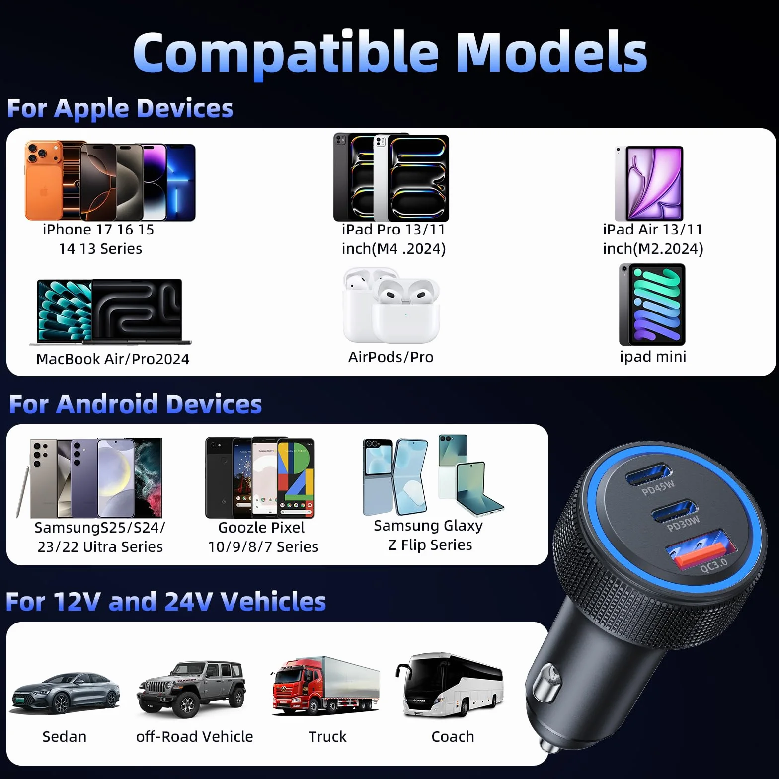 Chargeur Allume Cigare USB C 3 Ports 93W PD QC 3.0 Chargeur Voiture Charge Rapide Prise Allume Cigare 12V,pour iPhone iPad Samsung Huawei Xiaomi Tabletetc