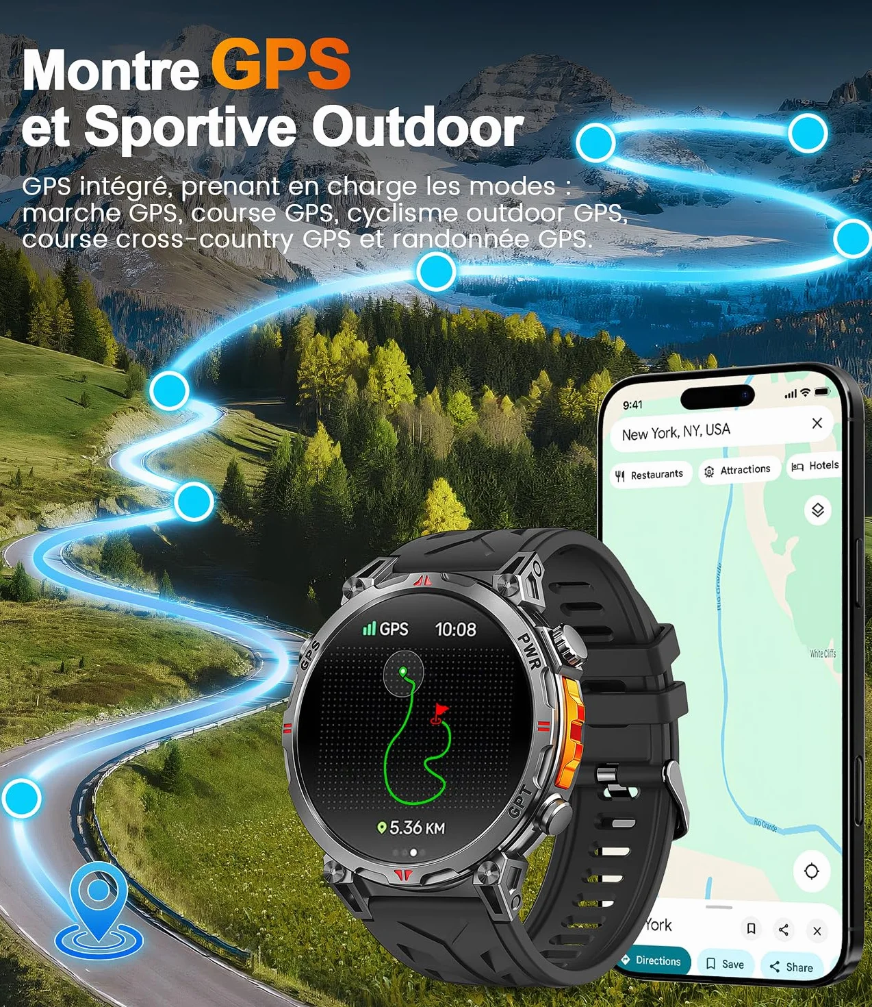 Montre Connectée Homme GPS intégré, AMOLED Appel Bluetooth, Montre Connectée pour Android et iPhone, 100+ Modes Sportifs, 3ATM étanche Montre Sport Homme avec Boussole (1.6)
