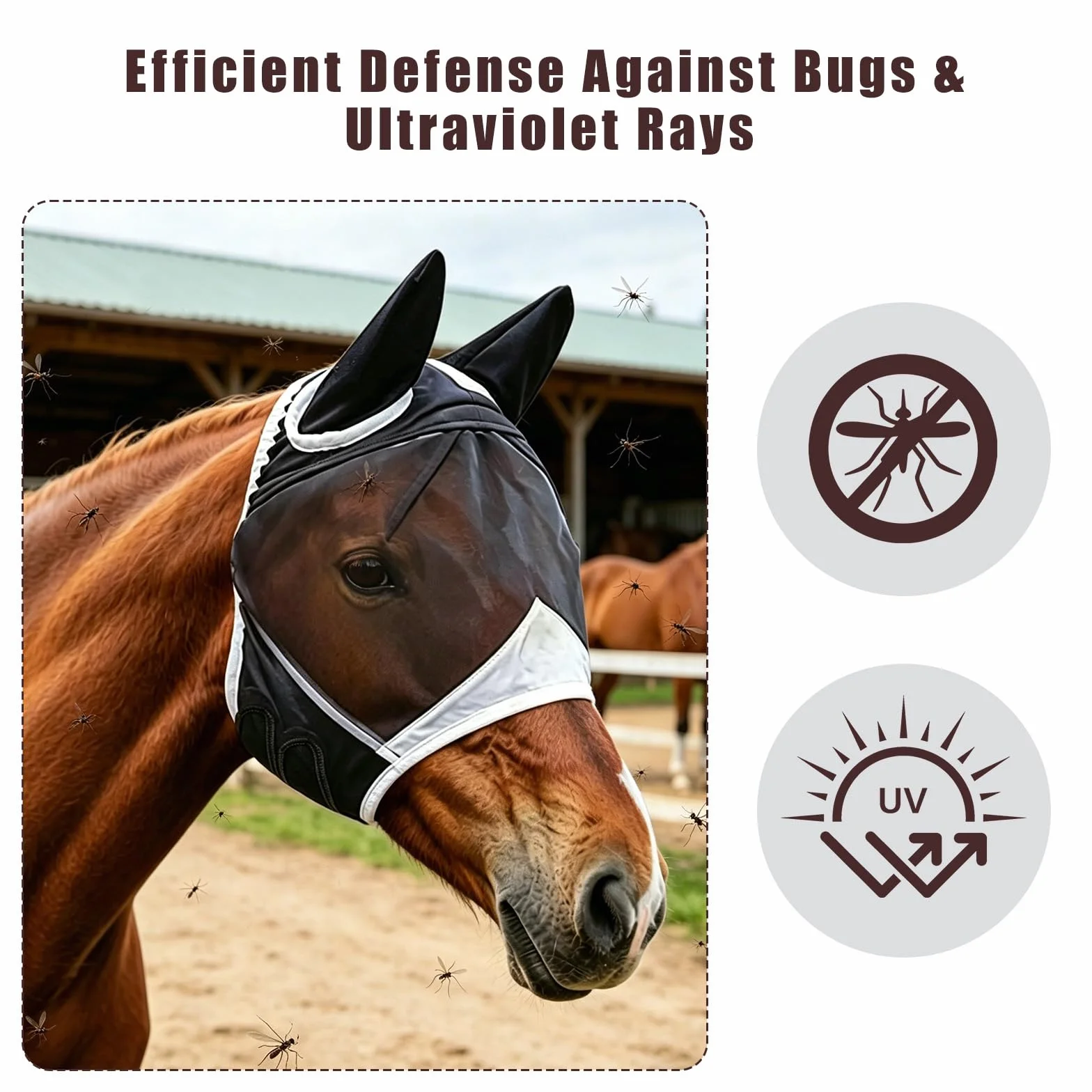 Masque Anti-Mouches Noir pour Chevaux Protection UV Respirant (L)