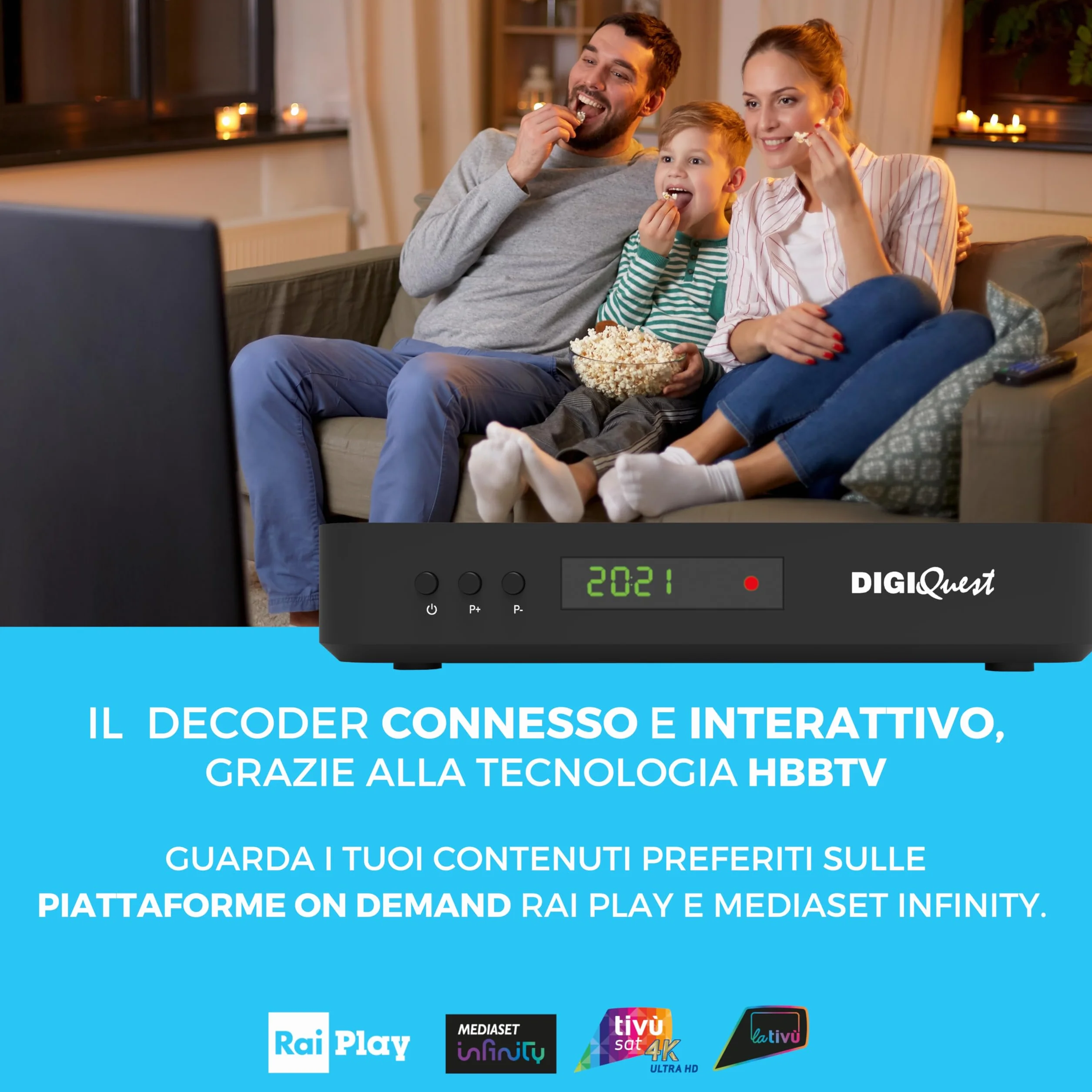 DIGIQUEST Décodeur tivùsat Combo 4K Q99 Satellite Terrestre HbbTV HEVC Main 10 Enregistrement Télécommande Smartcard Merlin