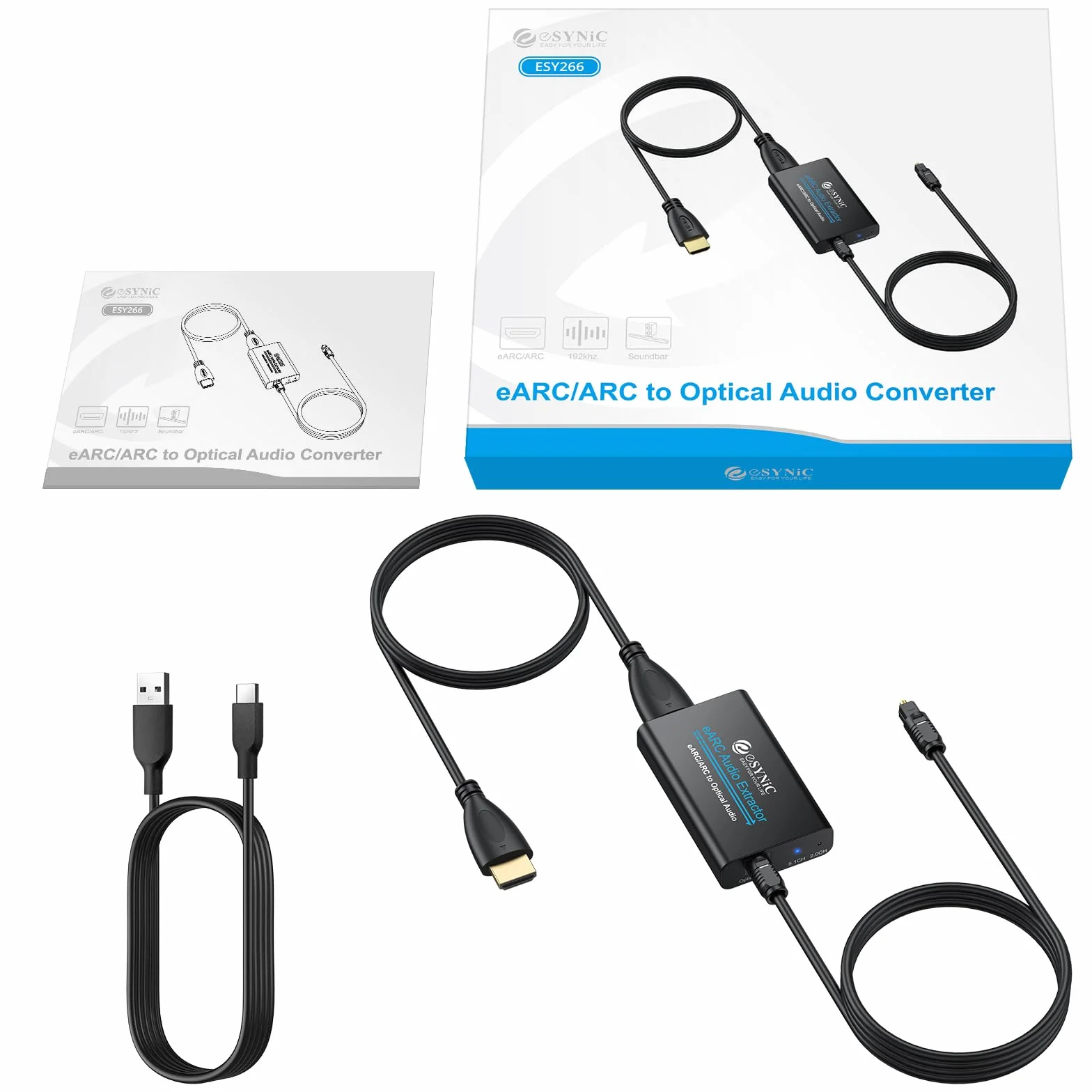 eSynic eARC ARC Audio Extracteur Convertisseur Audio eARC HDMI à Optique Support 24bit/192KHz Format Audio PCM 2,0/Dolby 5,1/DTS 5,1 Adaptateur Arc Hdmi pour HDTV à Barre de Son Casque Home Cinéma