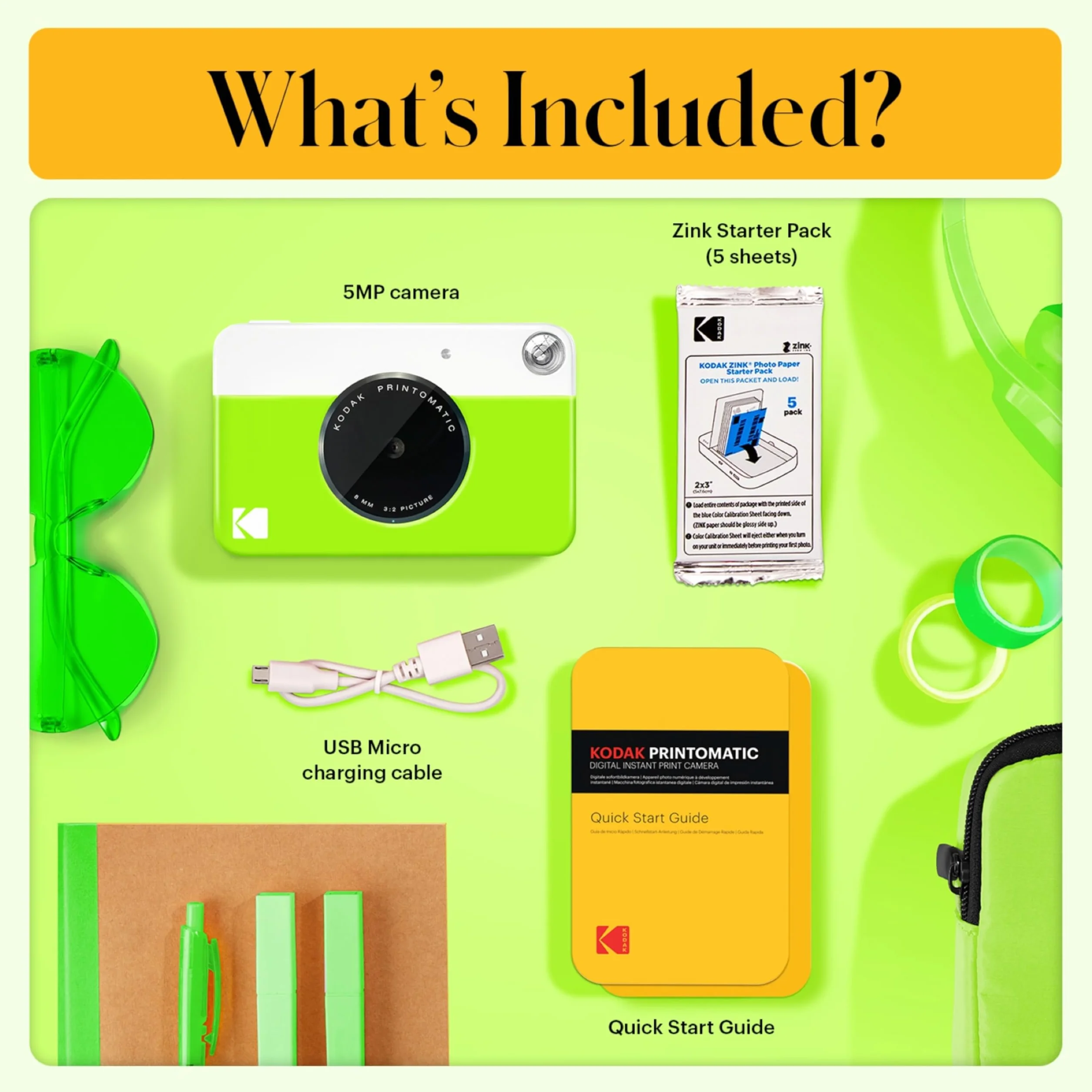 KODAK Appareil Photo Instantané Printomatic (Vert) Coffret Basique + Papier Zink (20 Feuilles) + boîtier Deluxe + Courroie Confortable à Mettre Autour du Cou