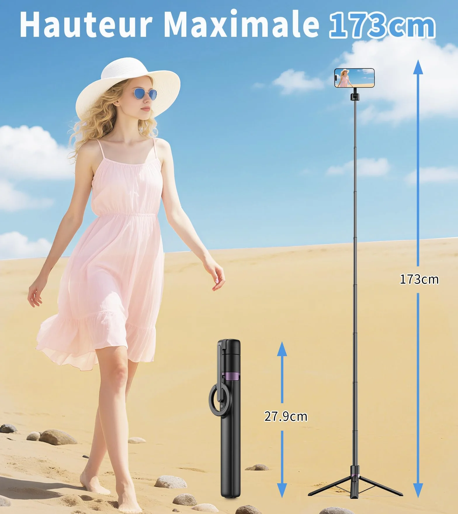 TONEOF 173cm Perche Selfie Magnétique Trépied,Fixations en Aluminium pour Magsafe, Rotatif à 360°,Trépied Voyage Rétractable avec Anneau Métallique&Télécommande,Têtes de Trépieds pour Téléphones-Noir