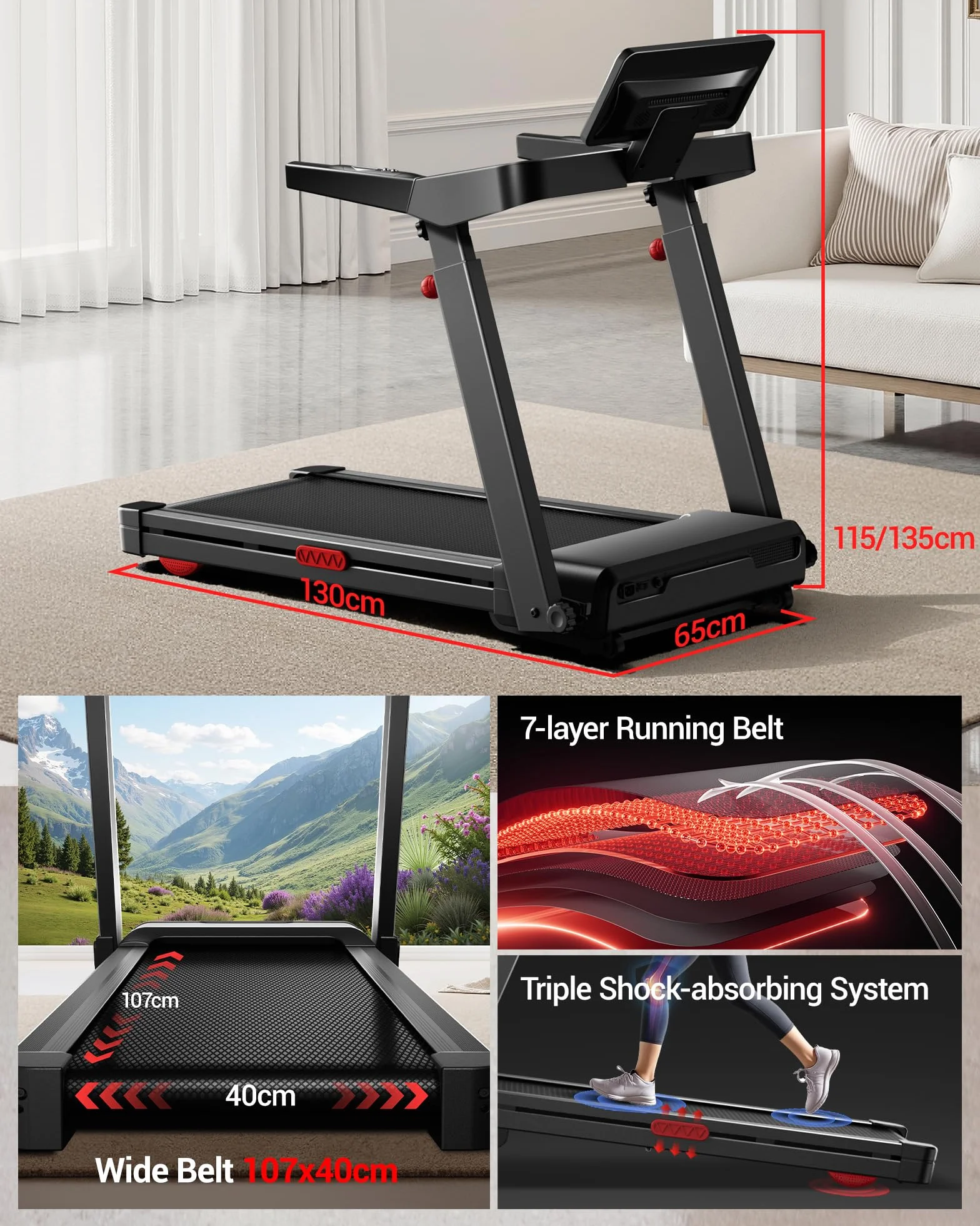 LONTEK Tapis Roulant Pliable 14KM/H Inclinaison Automatique 20% Moteur 3,5CV Charge Max 180KG