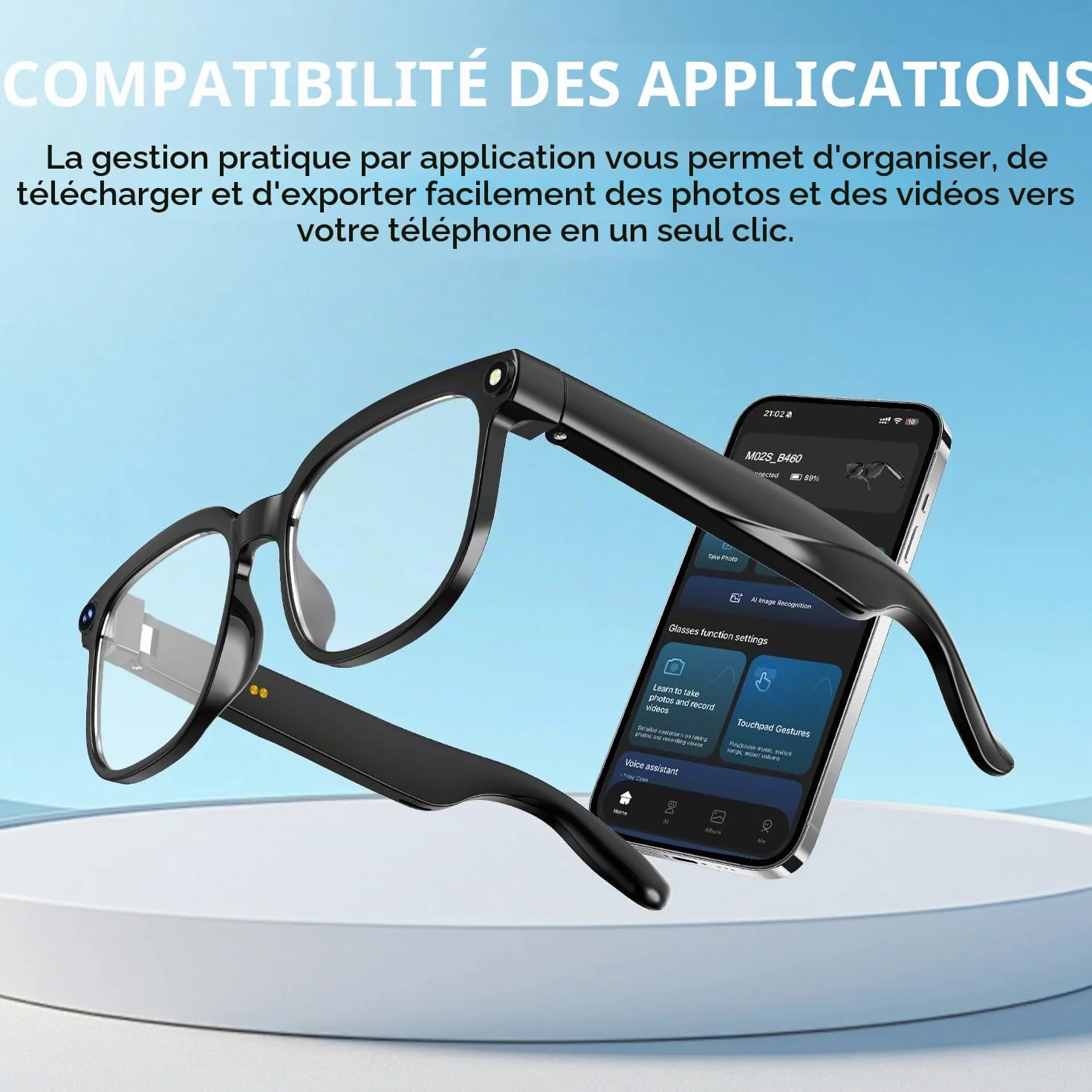 Lunettes AI Smart Camera - Vidéo HD 1080p, Photo, Traduction vocale : avec Verres de Protection Solaire/lumière Bleue interchangeables, Utilisation en extérieur, randonnées à vélo, randonnée