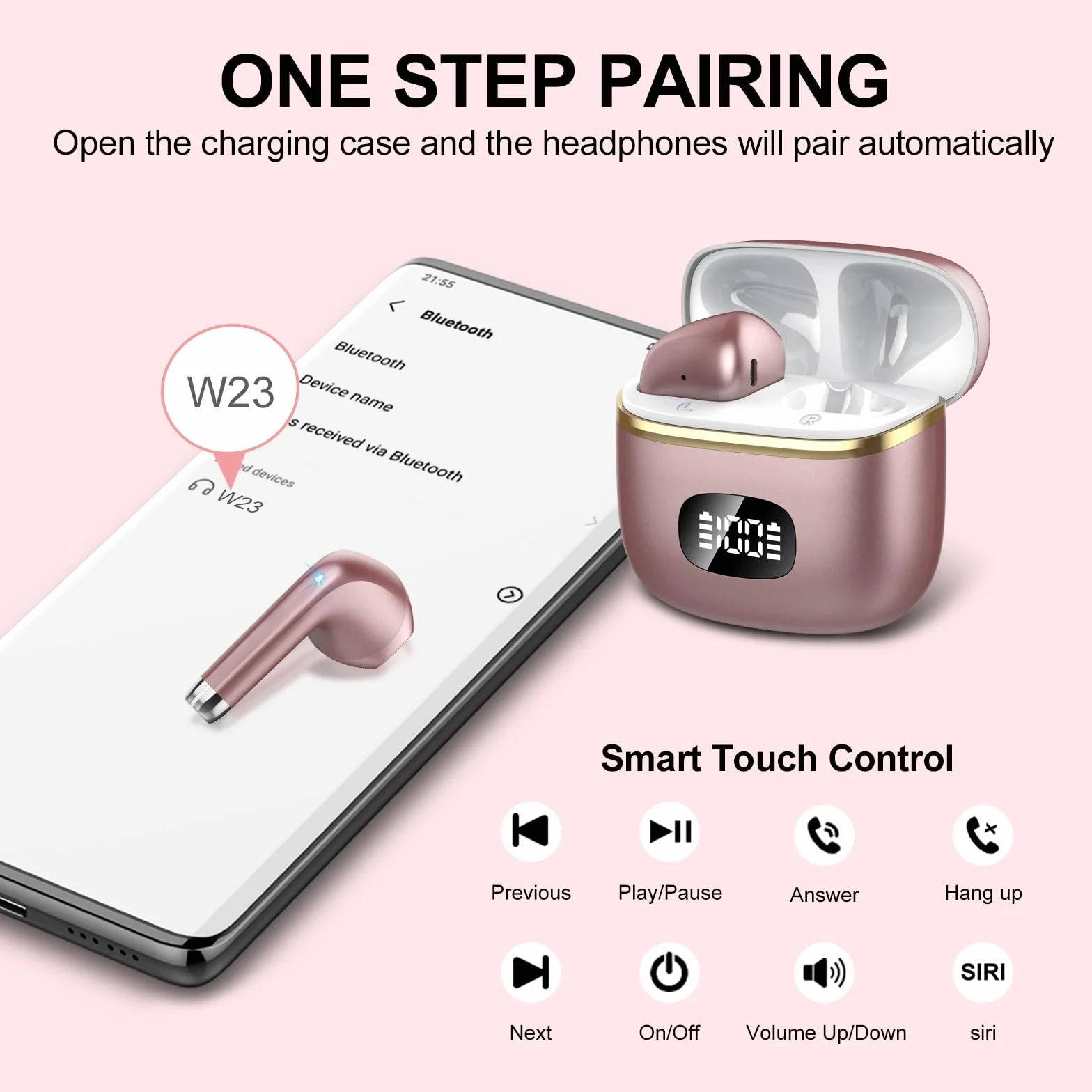 Ecouteurs Bluetooth sans Fil,2023 5.3 ENC Réduction Casque,40 Heures Durée de Lecture Écran LED,Hi-FI Son Stéréo,IP7 Étanche,Contrôle Tactile Oreillette Bluetooth W23 Or Rose