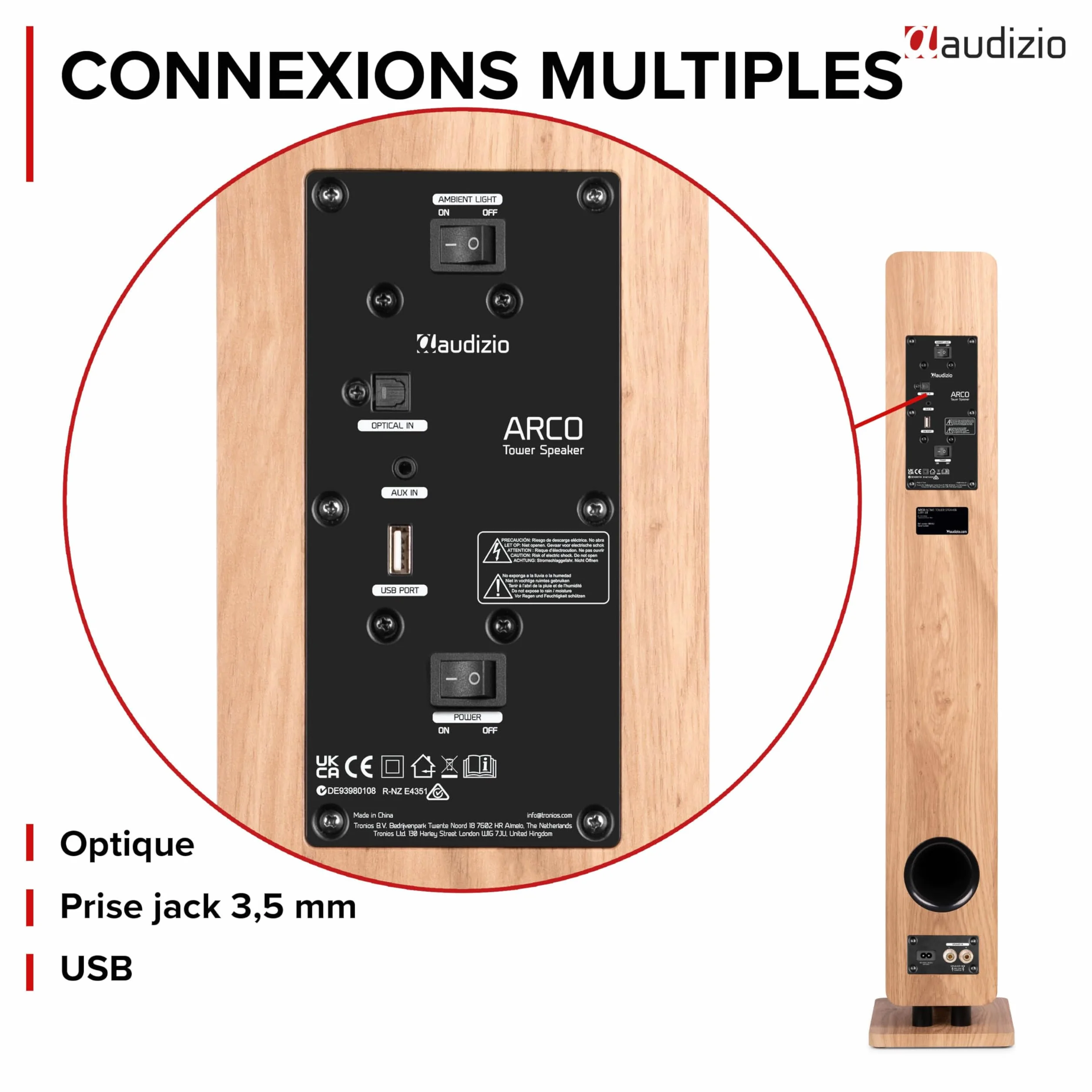 Audizio ARCO Tour de Son Hi-FI Stéréo 320W Chêne Clair - Pack Enceintes Colonnes Active + Passive avec BT, USB et Optique Tour de Son Design pour Salon, TV et Musique