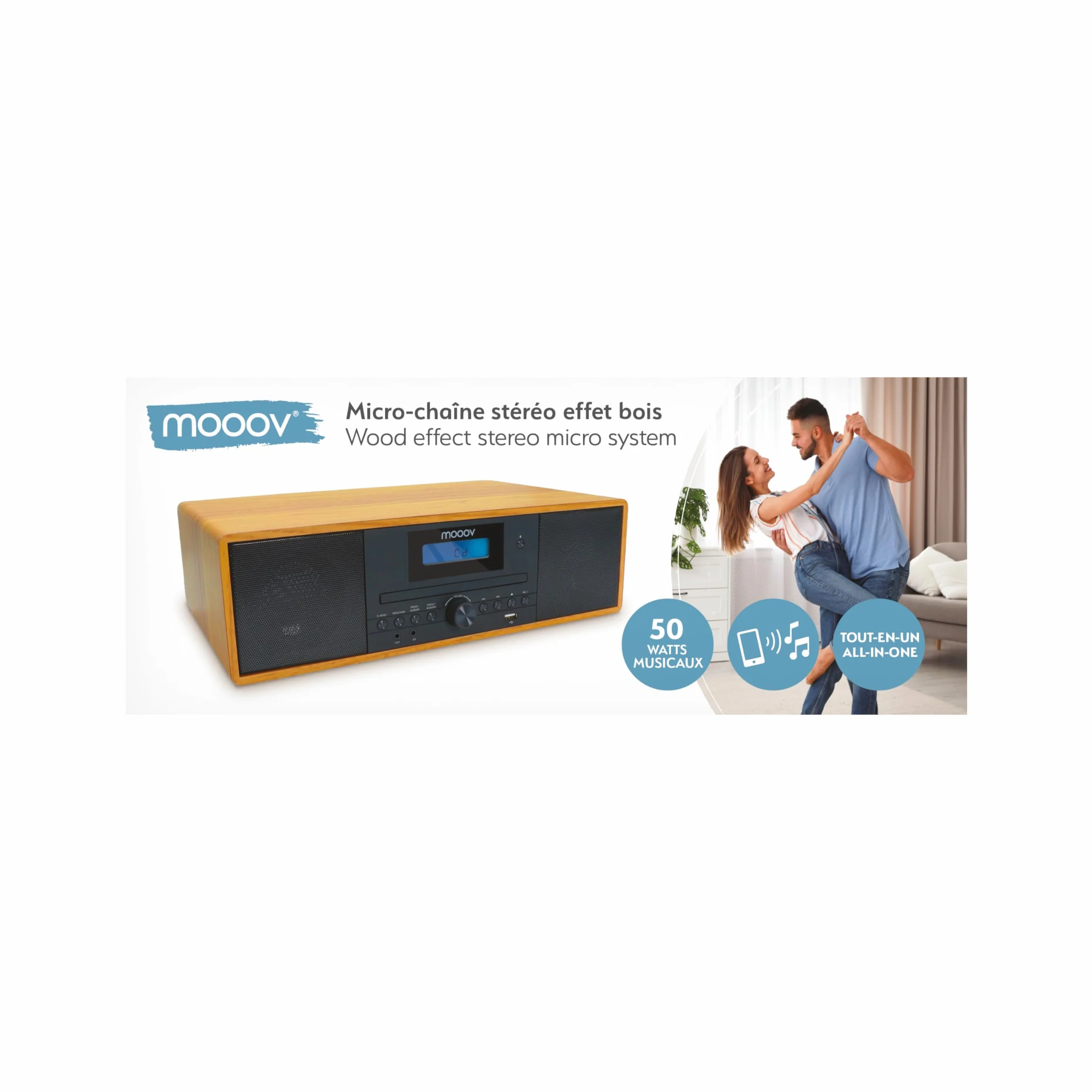 MOOOV Micro-Chaine HiFi Bluetooth sans Fil FM CD USB Télécommande Effet Bois Mini Chaîne Enceinte Vintage