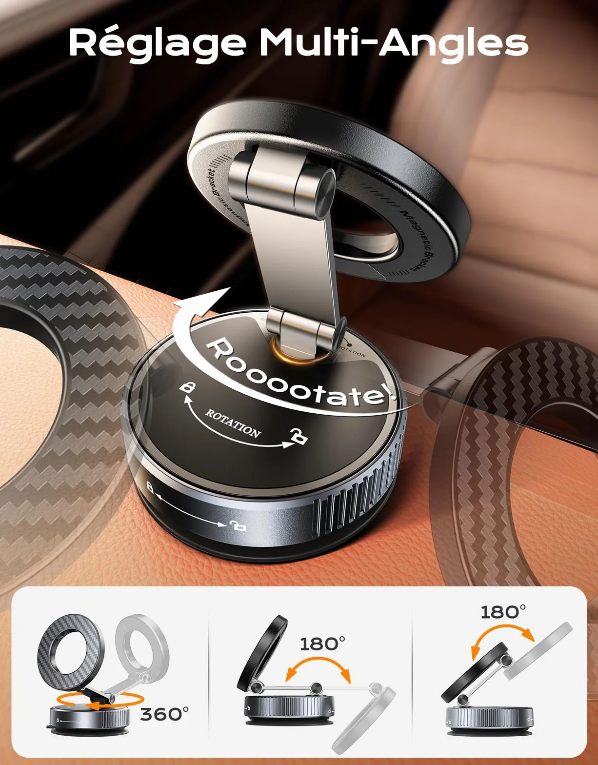 Mohard Porte Aimant Téléphone Voiture MagSafe 2400GF Ultra Puissant 360° Réglable Pliable pour iPhone 17/16/15/14/13