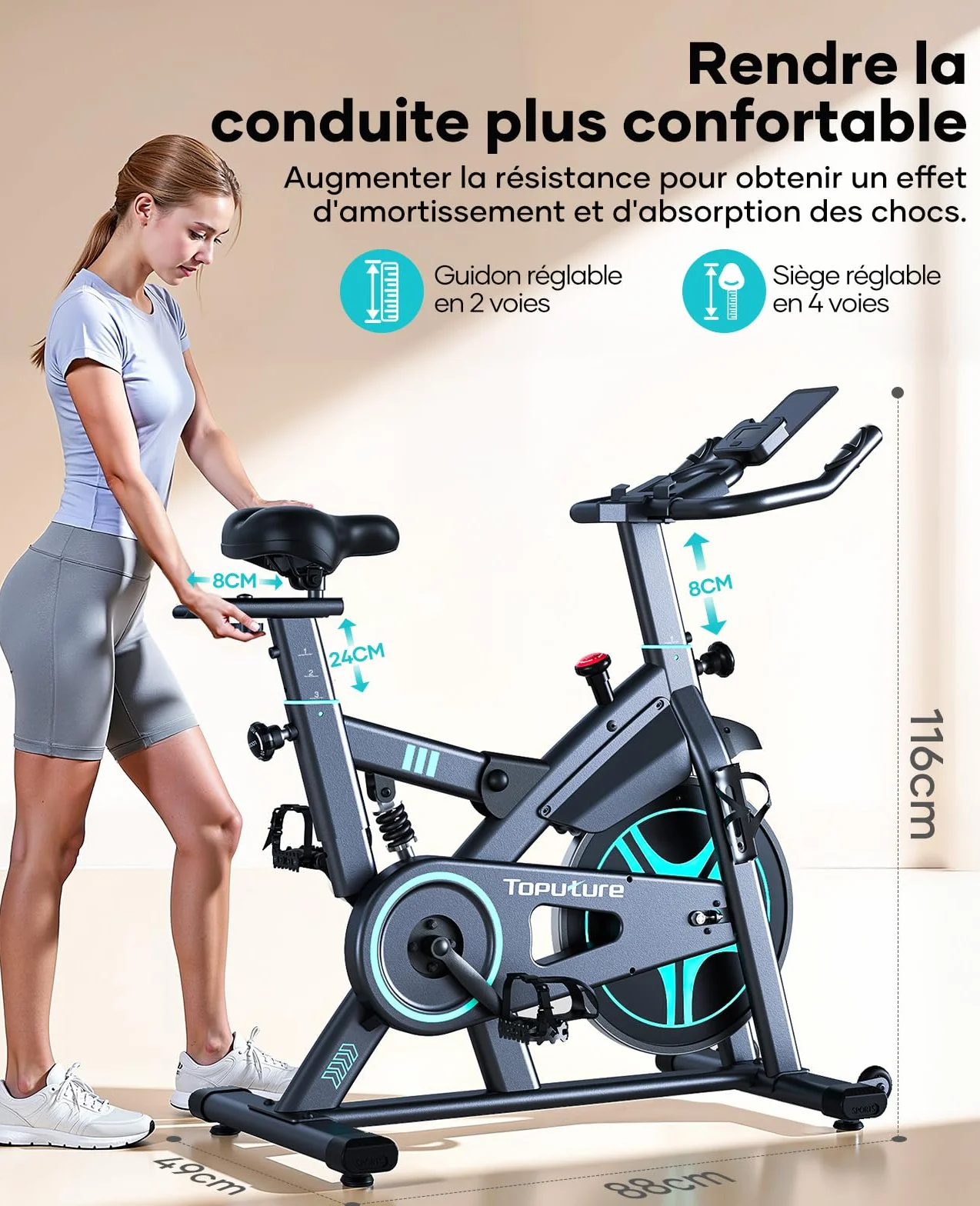 TOPUTURE Velo d'Appartement avec Écran LCD, Résistance Réglable 100 Niveaux, Silencieux, Capacité 160 kg