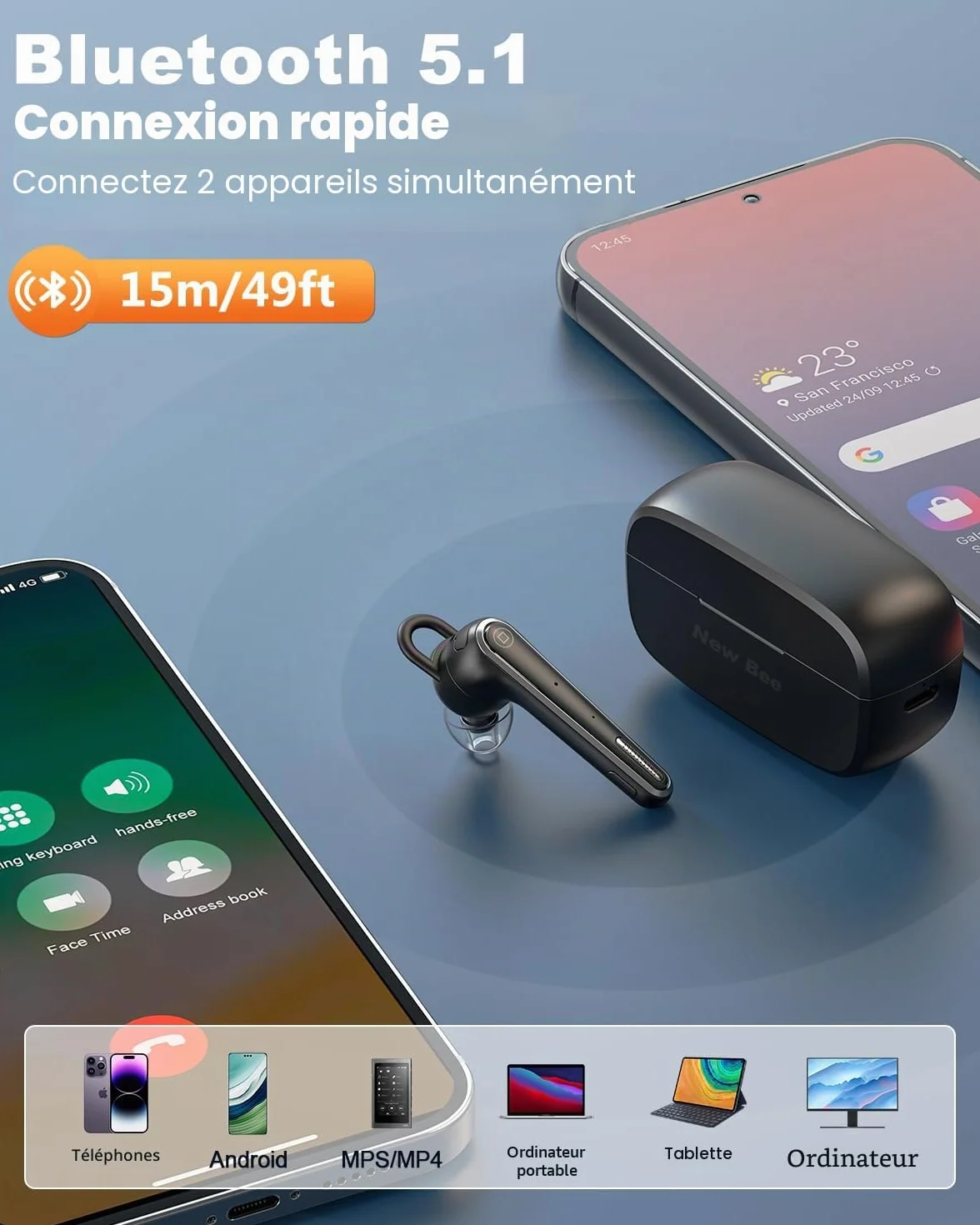New Bee oreillette Bluetooth sans Fil V5.1 avec 50 Heures d'autonomie, kit Main Libre Ultra-léger avec Annulation du Microphone ENC, Connexion à Deux appareils pour Conduite/Affaires