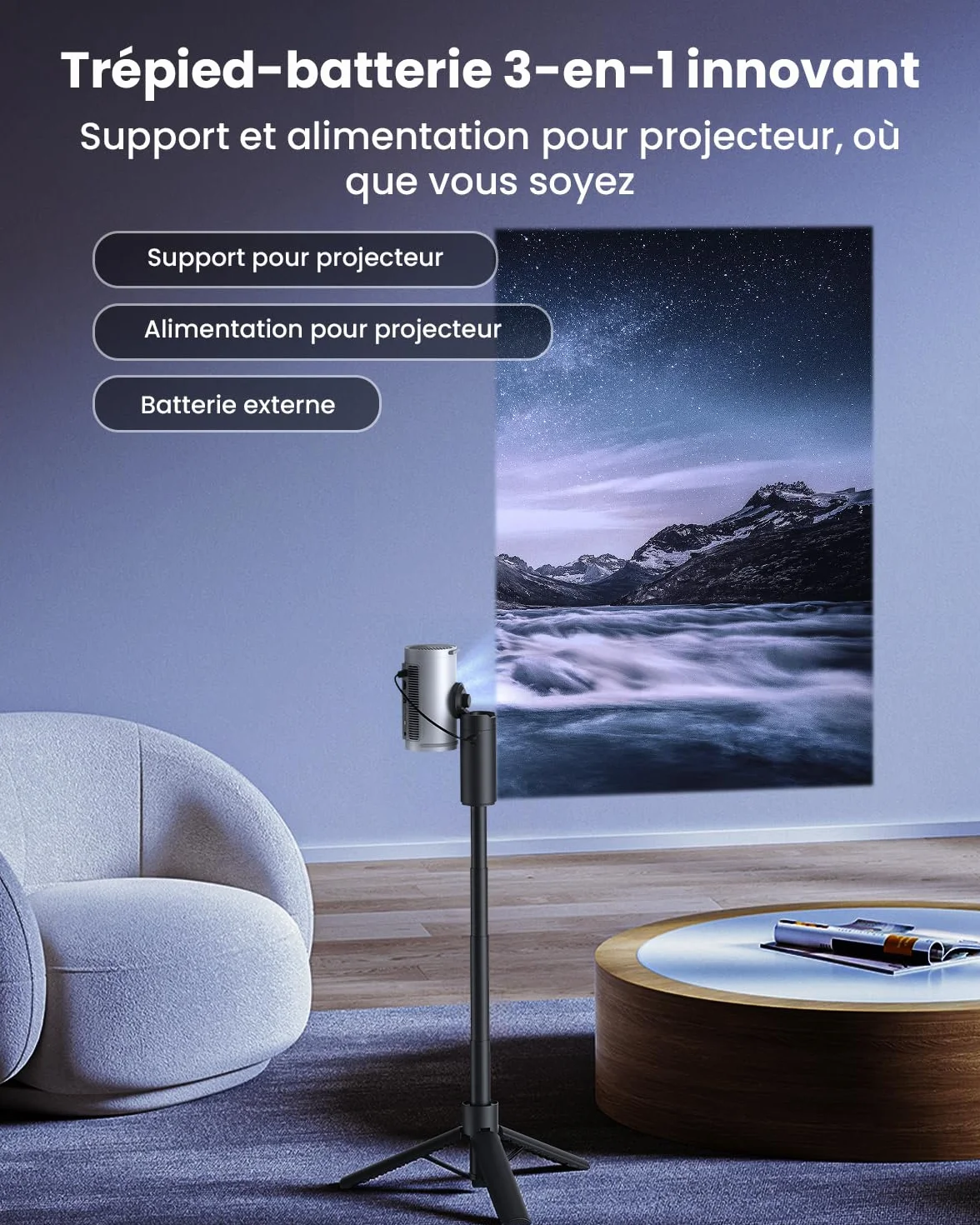 JMGO Power Bank 20 000 mAh 65 W Trépied réglable pour Projecteur PicoPlay PicoPlay+ PicoFlix N1S Nano