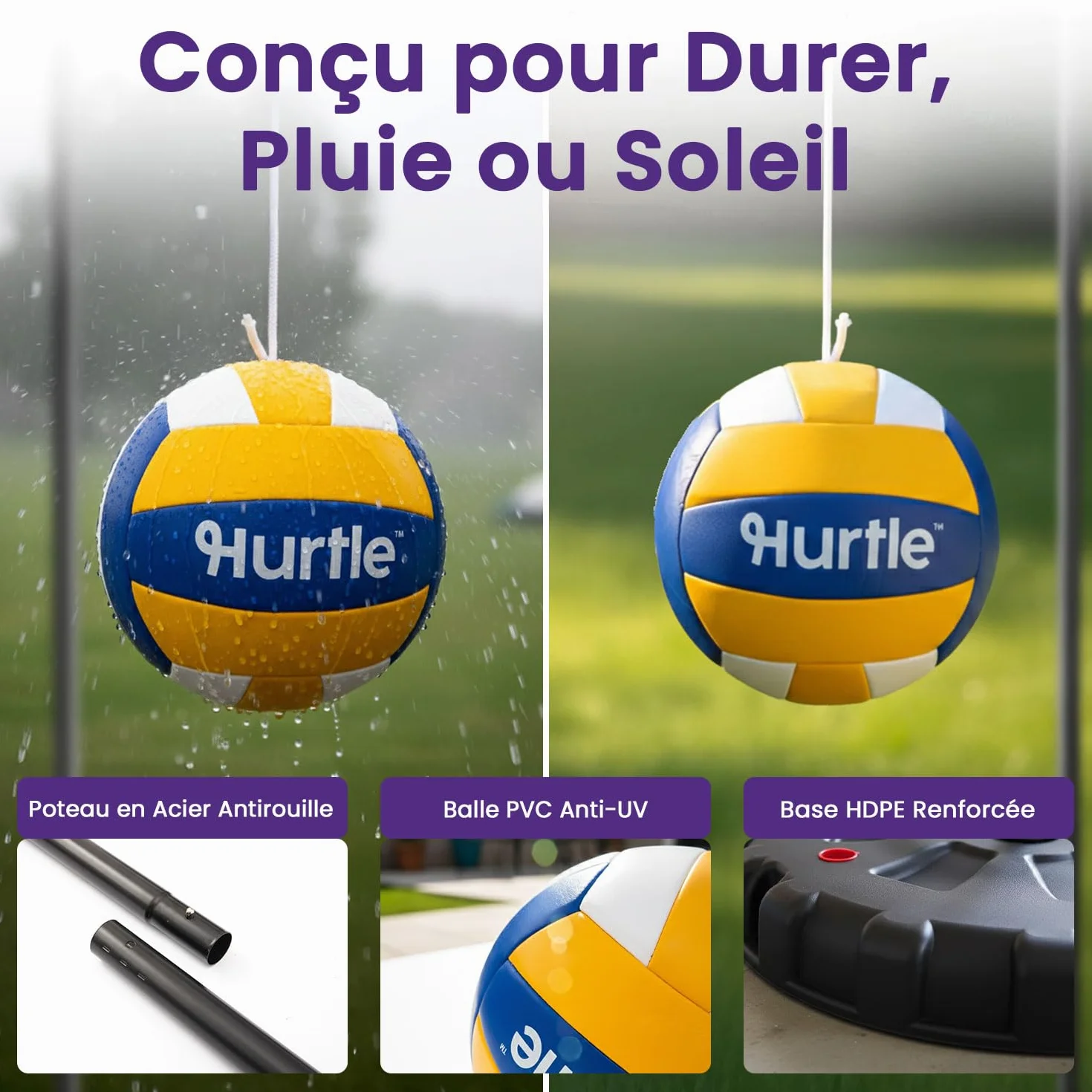 Hurtle Jeu de Tetherball Extérieur Réglable 1,2-2,7 m Set Complet Base Lestable Balle Corde Jardin Stable
