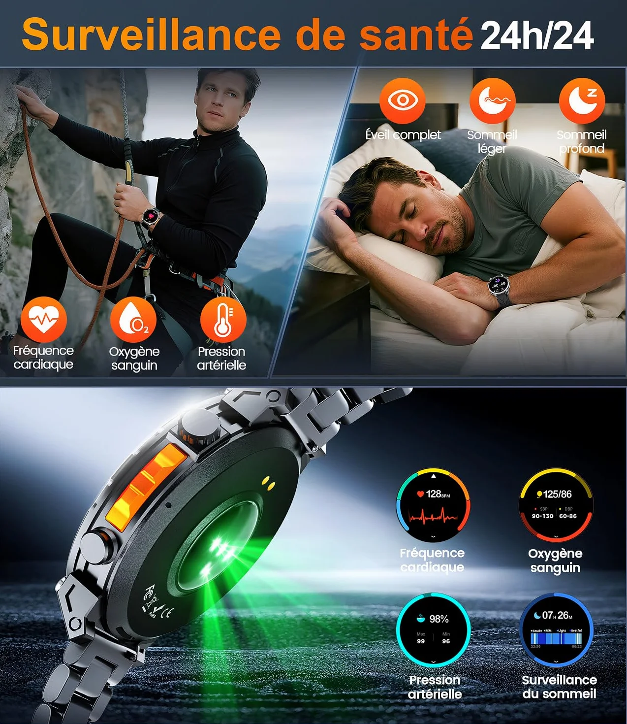 Montre Connectée Homme GPS intégré, AMOLED Appel Bluetooth, Montre Connectée pour Android et iPhone, 100+ Modes Sportifs, 3ATM étanche Montre Sport Homme avec Boussole (1.6)