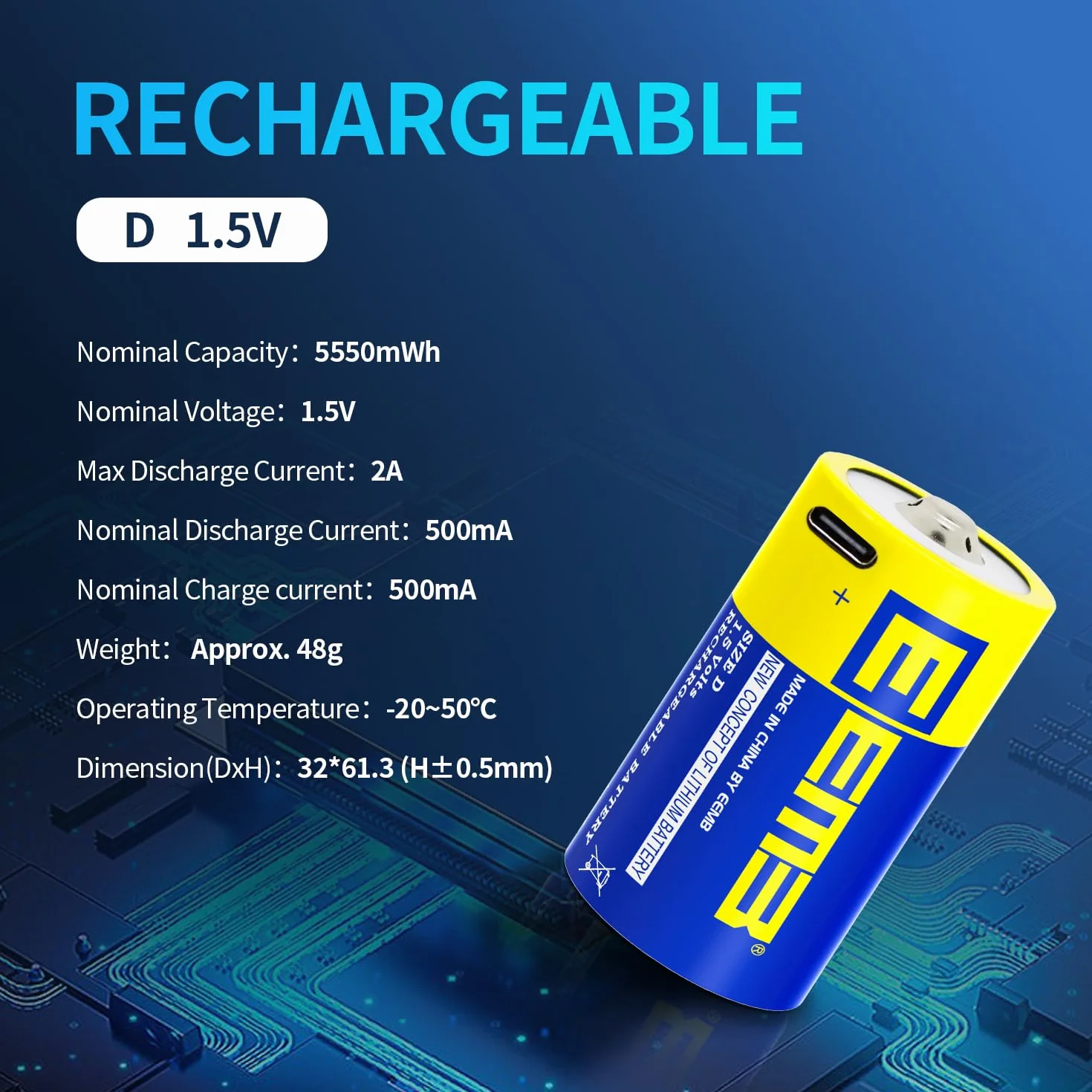 EEMB D Batterie Rechargeable 1.5V 5550mWh Lithium Batterie USB Type C Câble de Charge LR20 Lampe de Poche Batterie de Remplacement - Pack de 2